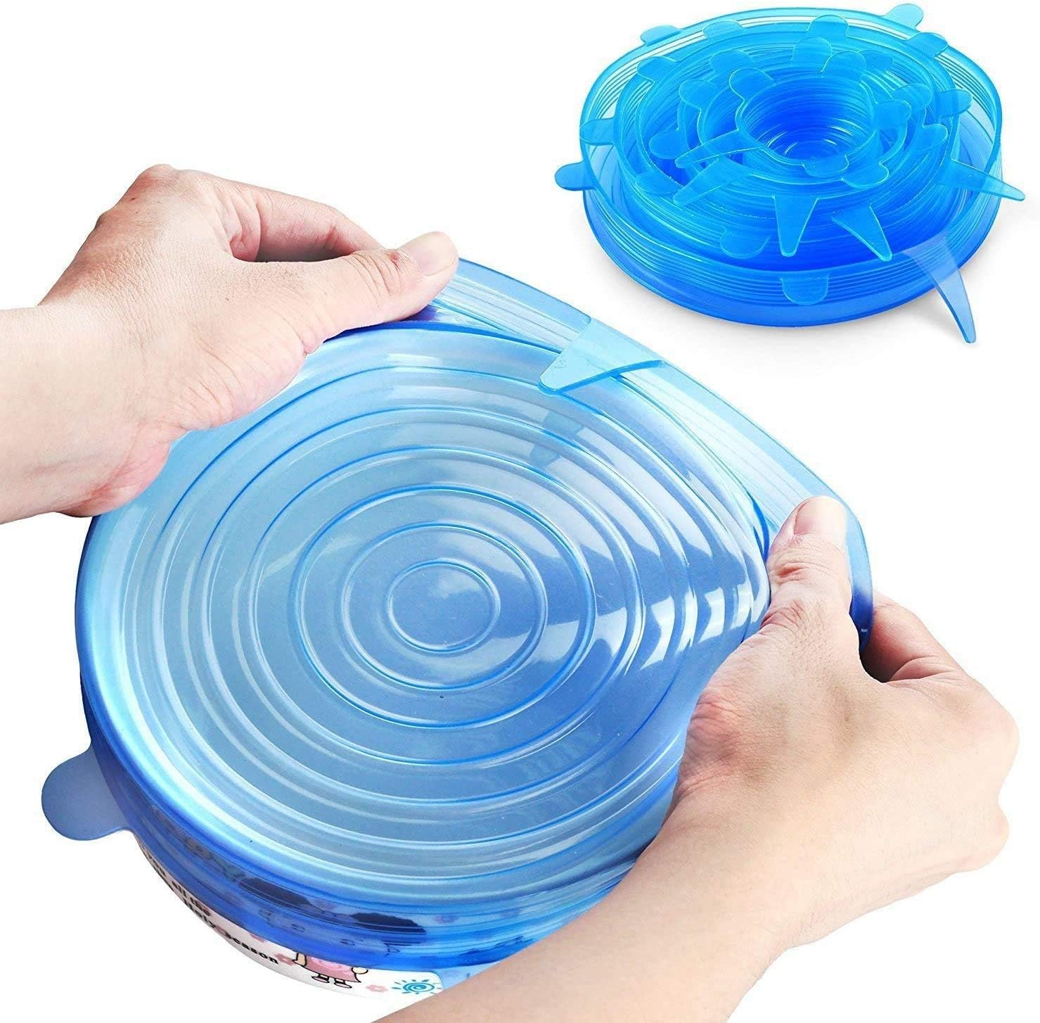 Silicone Stretchable Lids, Durable & Eco-Friendly Elastic Lids Reusable Heat Resistant Various Sizes Cover for Bowl, Replacement of Food Wrapping Paper, Plastic Wrap Film- 6 Pack (Blue)