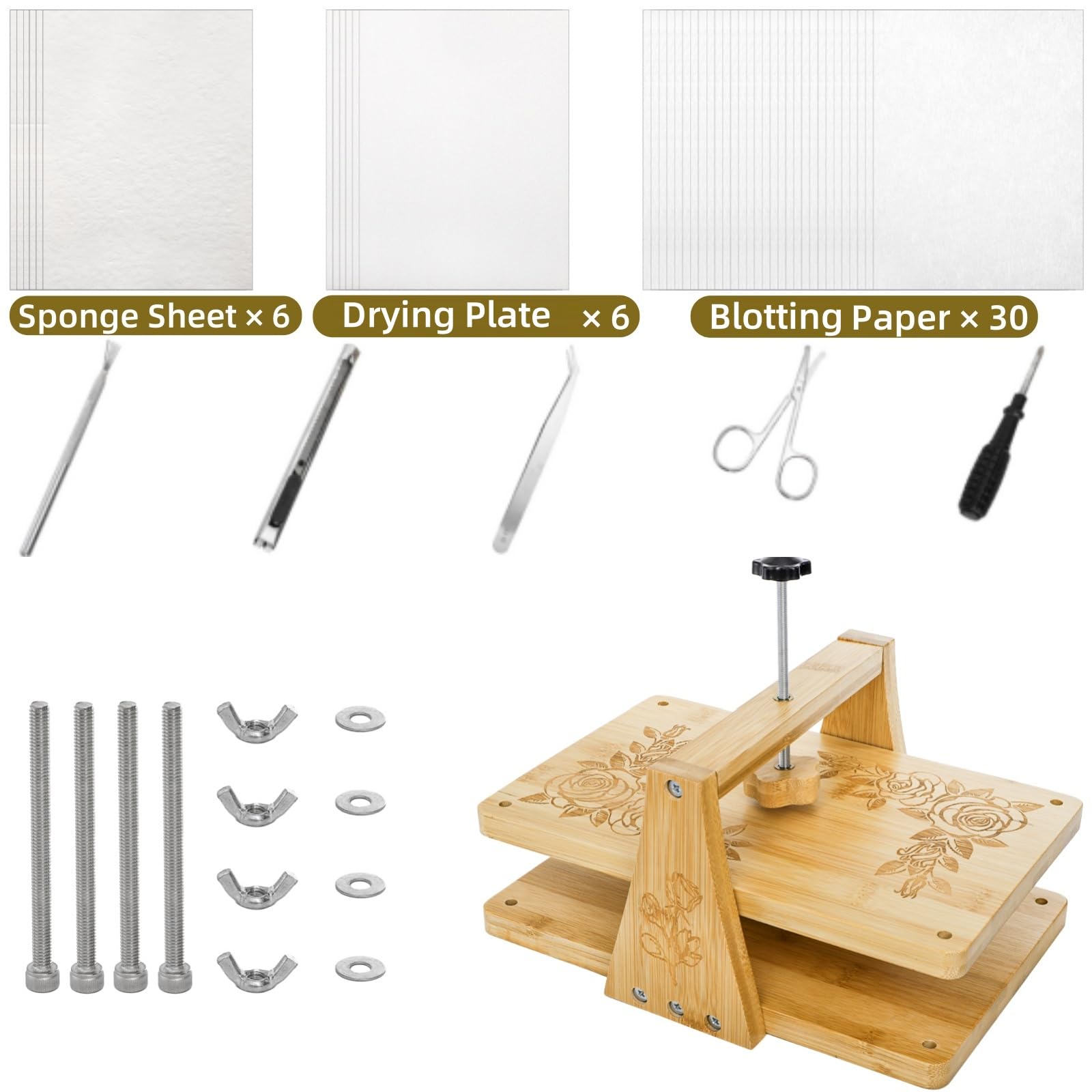 Pumtus Kit de prensa de flores grande, 6 capas de 11 x 7 pulgadas, kits de preservación de plantas de hojas, kit de prensado floral de bambú de presión uniforme, herramienta de arte y manualidades