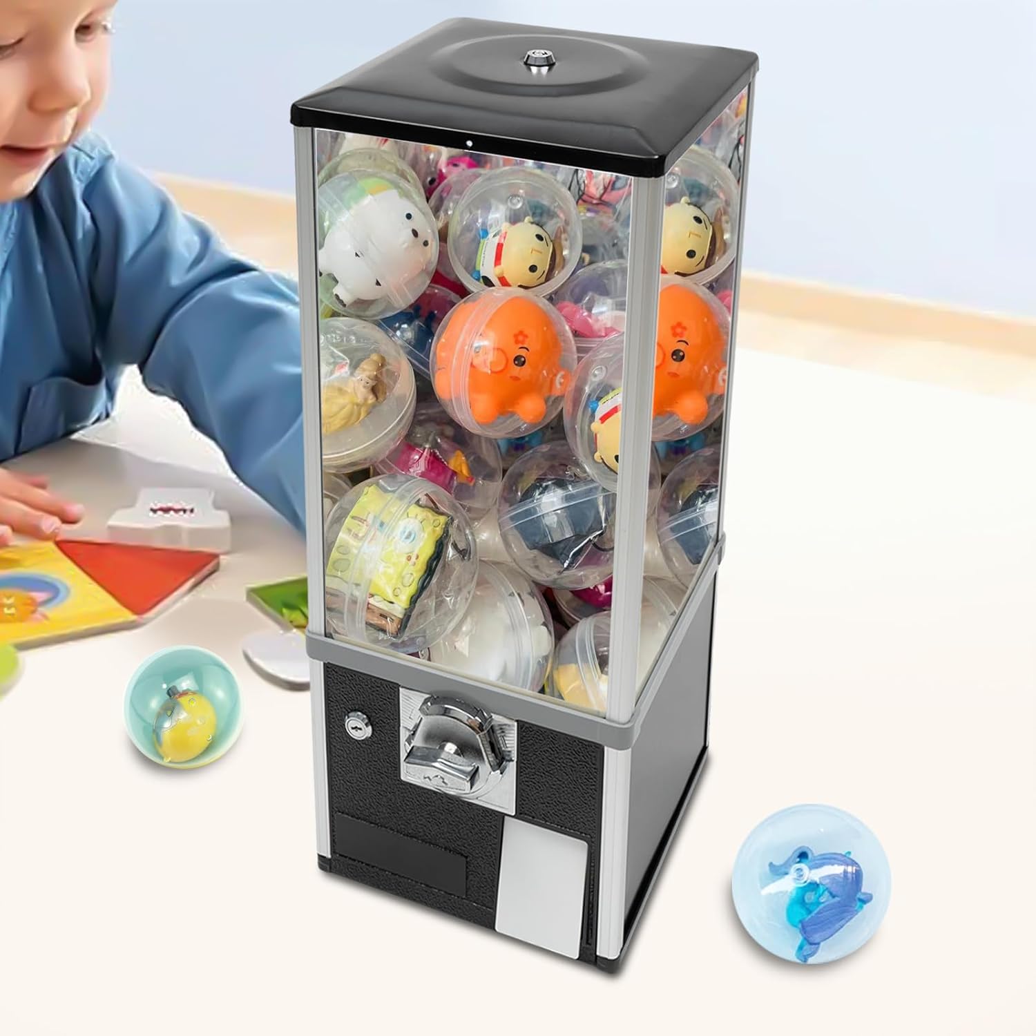 Vending Machine, Commercial Toy Candy Capsule Vending Machine, Classic Gumball Machine, 4x25 Dual Side Coin Operators Prize Machine Dispenser Candy Machine for Gaming Store, with Keys (Black)