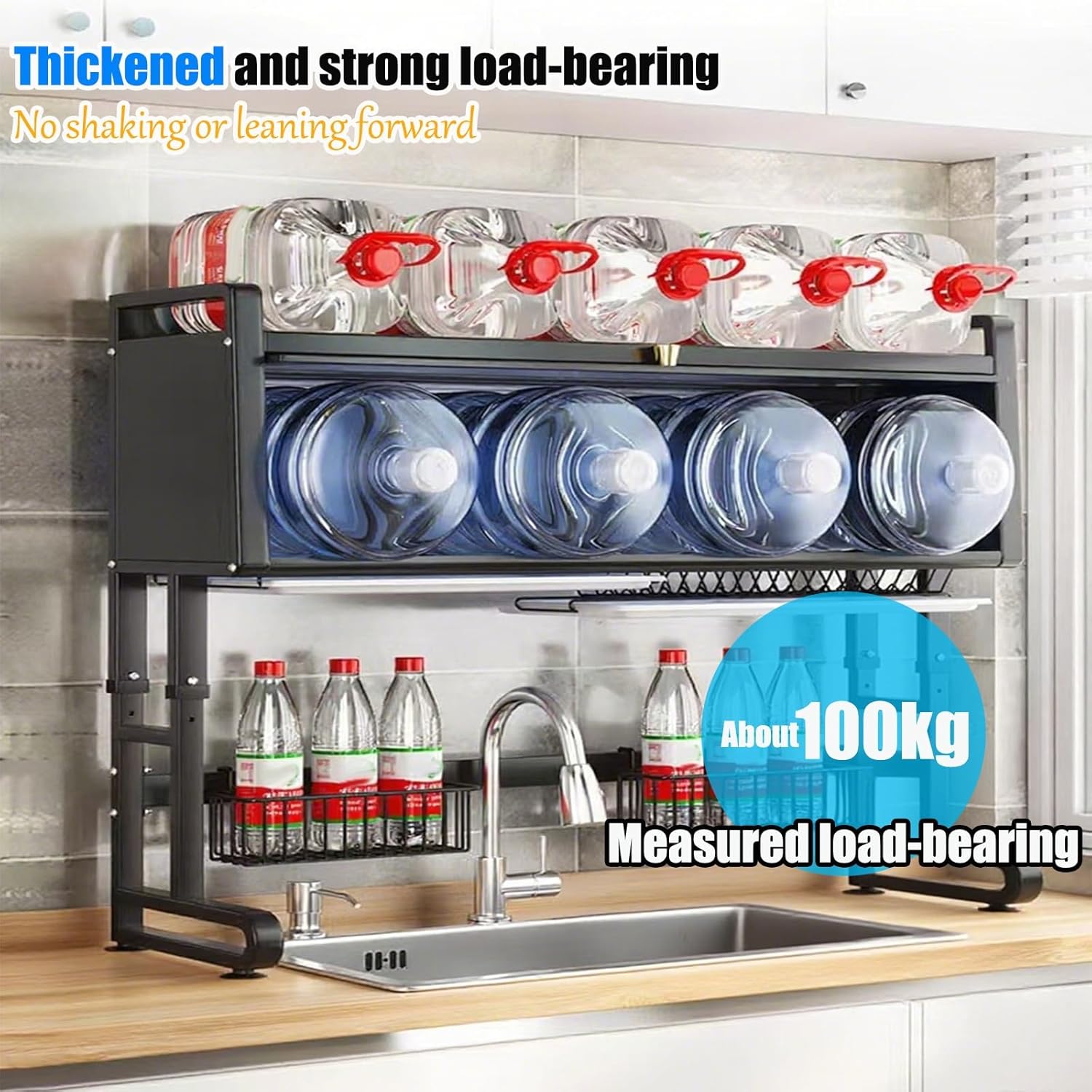 Over-Sink 3-Tier Dish Rack with Lid, Adjustable Height (27/29-31/33 in) - Black Short, 38in(97cm)