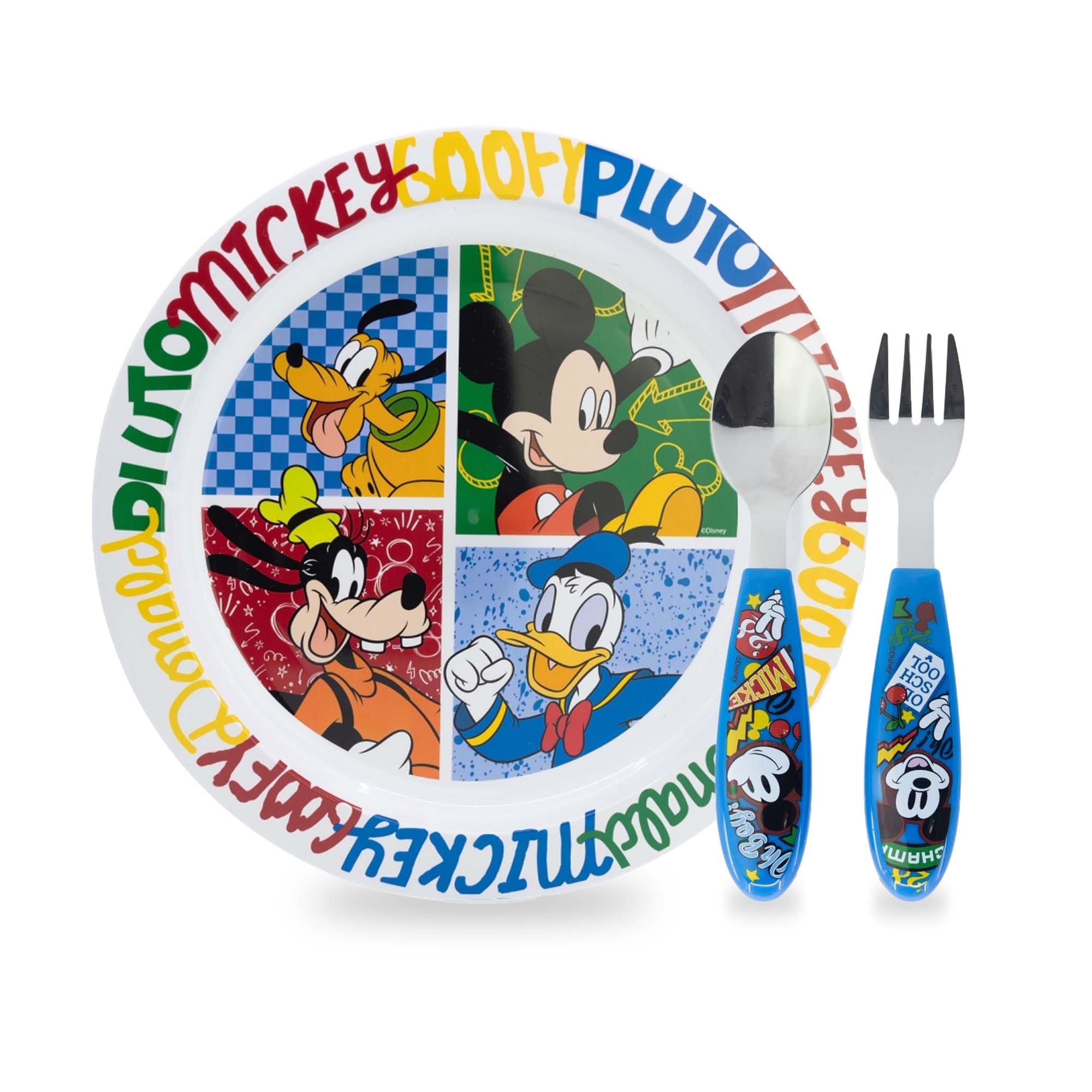 Vajilla Infantil Reutilizable Apta Para Microondas Para Niños Mickey Mouse, Juego de Desayuno para la Primera Comida Cubiertos, Tenedor, Cuchara de Acero Inoxidable y Plato, sin BPA