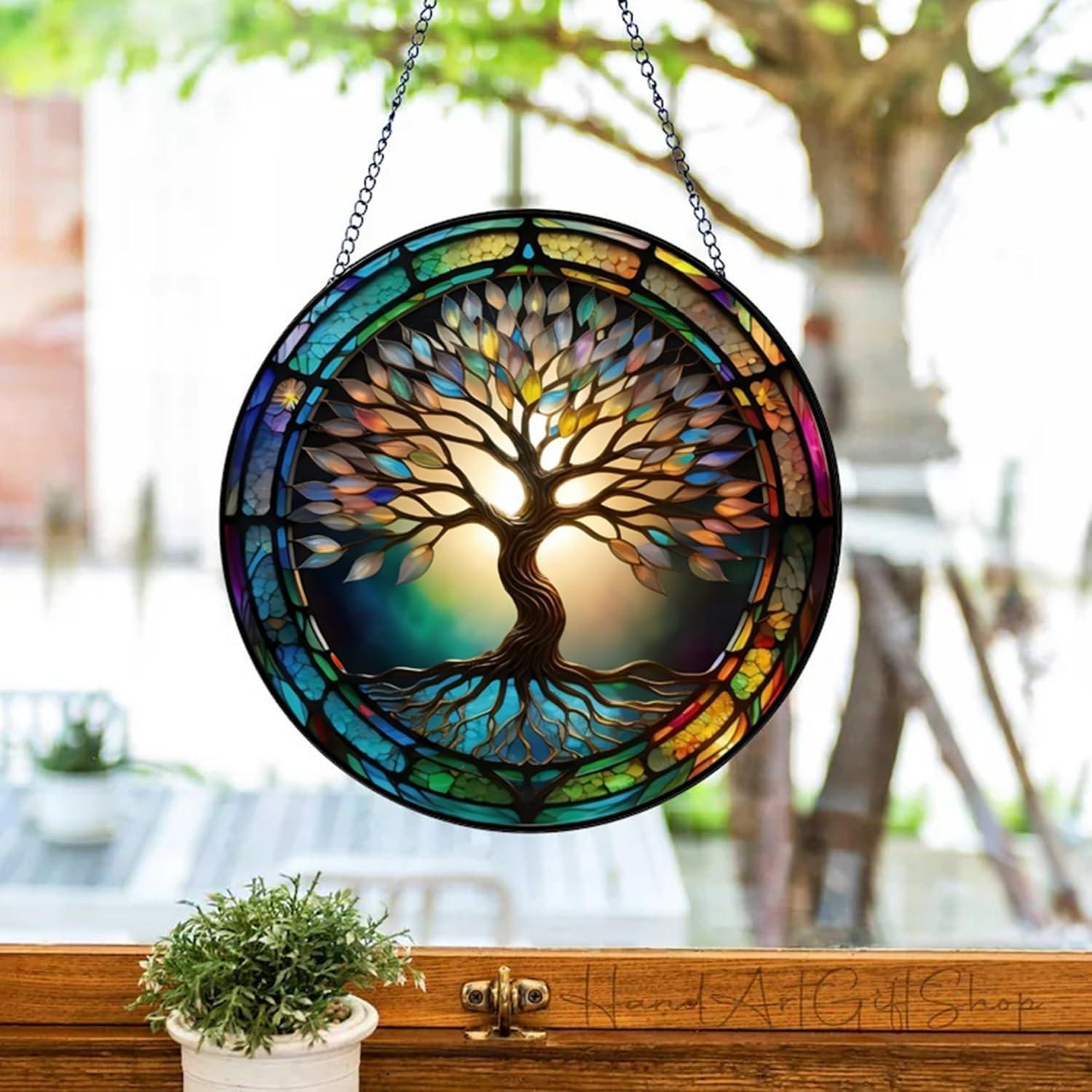 Colorful Tree of Life Suncatcher -7.9 in Stained Glass Window Hanging Catcher Garden Decor - Image 3