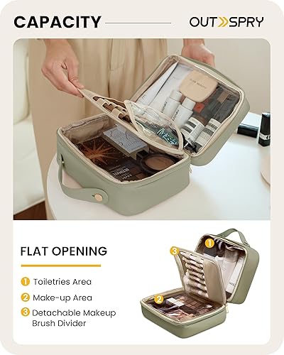 Miniatura 2 de OutSpry Bolsa de maquillaje de viaje con divisor de brochas de maquillaje desmontable Bolsa de cosméticos de piel sintética de gran capacidad, bolsa