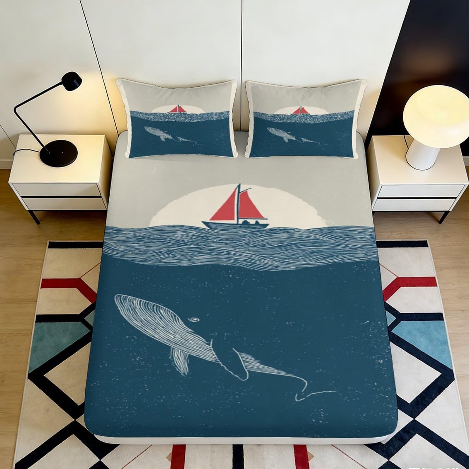 Decorative Whale Fitted Sheet Ocean Sailboat 3D Printed Microfiber Soft Touch Bed Cover, Machine Washable Bedroom, Apartment Bedding, 120x200cm 90x200x25cm