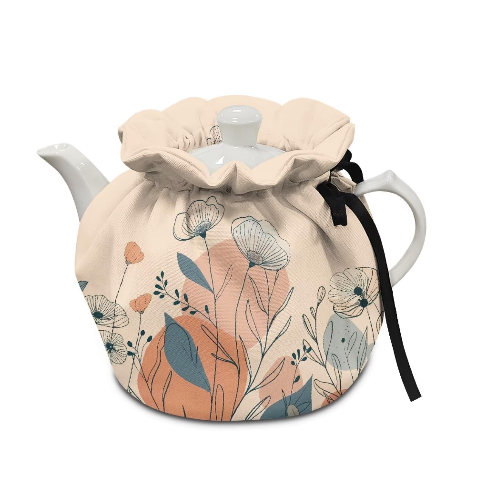 Playful Floral Tea Pot and Kettle Insulated Drawstring Dust Bag Covers - Decorative - Shock-Proof Drop-Proof