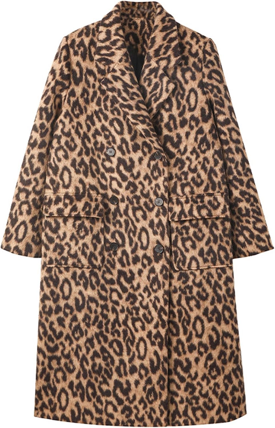 Sexyshine Women's Leopard Print Long Trench Coat Notched Lapel Double Breasted Pea Coat Wool Overcoat Jacket