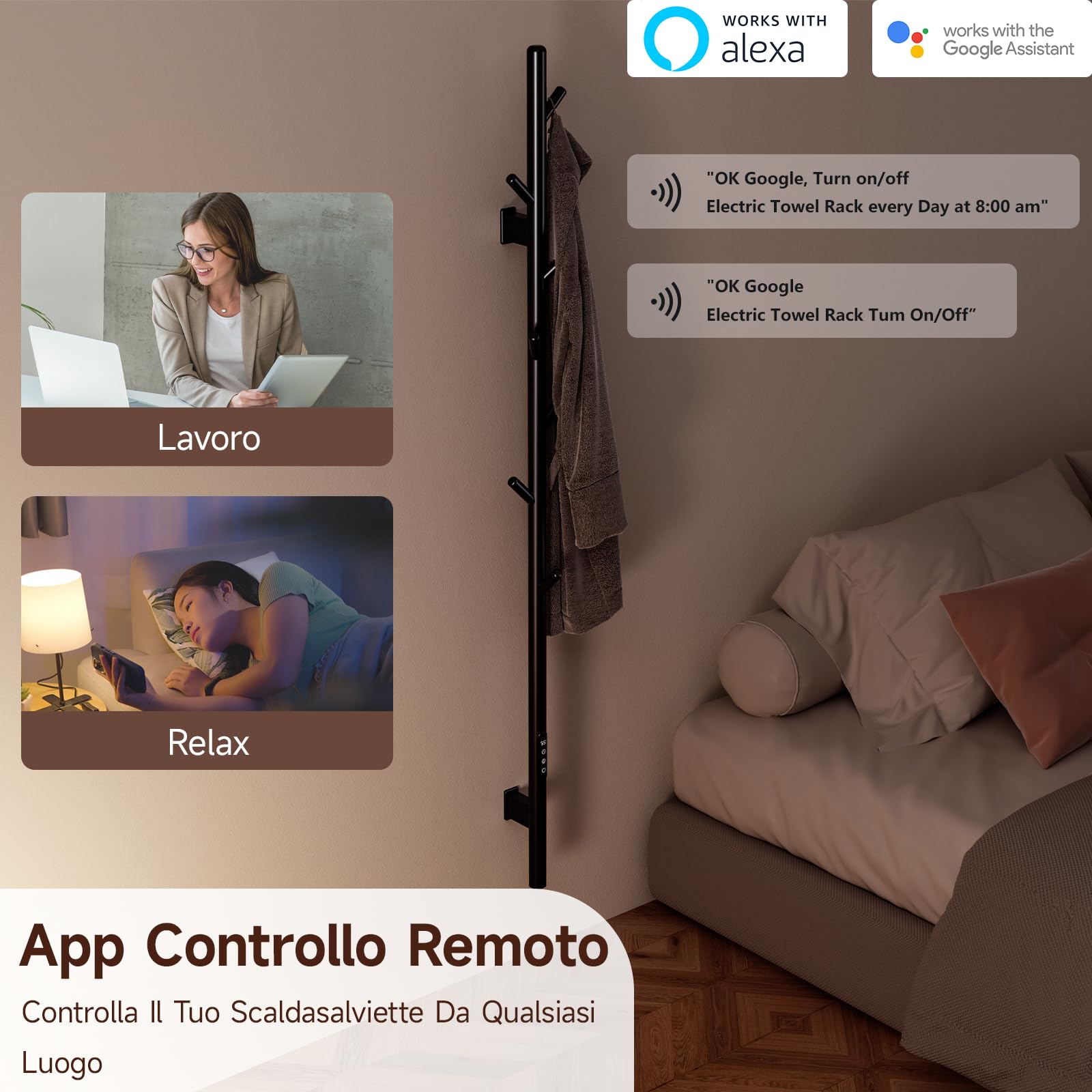 Scaldasalviette Elettrico,153cm,Nero WiFi Smart Portasciugamani Elettrico,con Temperatura Regolabile,Display LED,Timer e 7 Ganci,Compatibile con Google Home e App Controllo