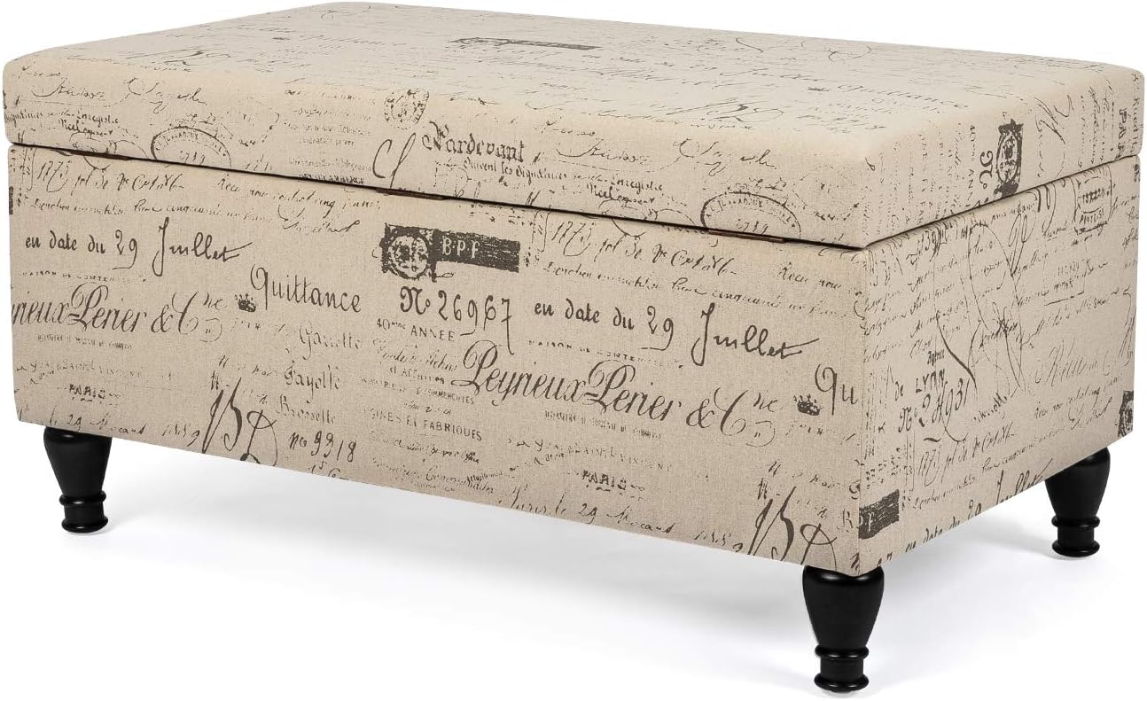 Homebeez Storage Ottoman Script Fabric Long Bench, Rectangular Linen Foot Rest Stool (Neutral Beige)