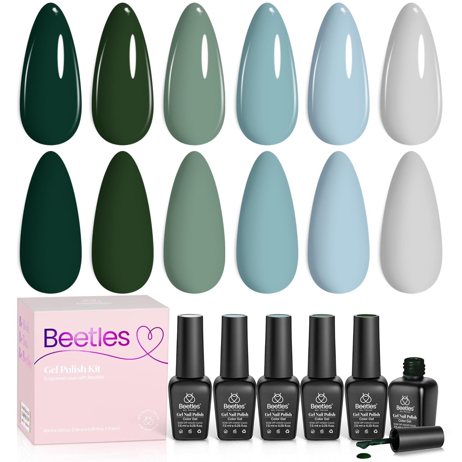 Beetles Green Gel Nail Polish Set, 6 Colors Dark Green Gray Blue Baby Blue Color Gel Nail Polish Misty Soak Off DIY Home Uv Nails Gifts for Women Girls
