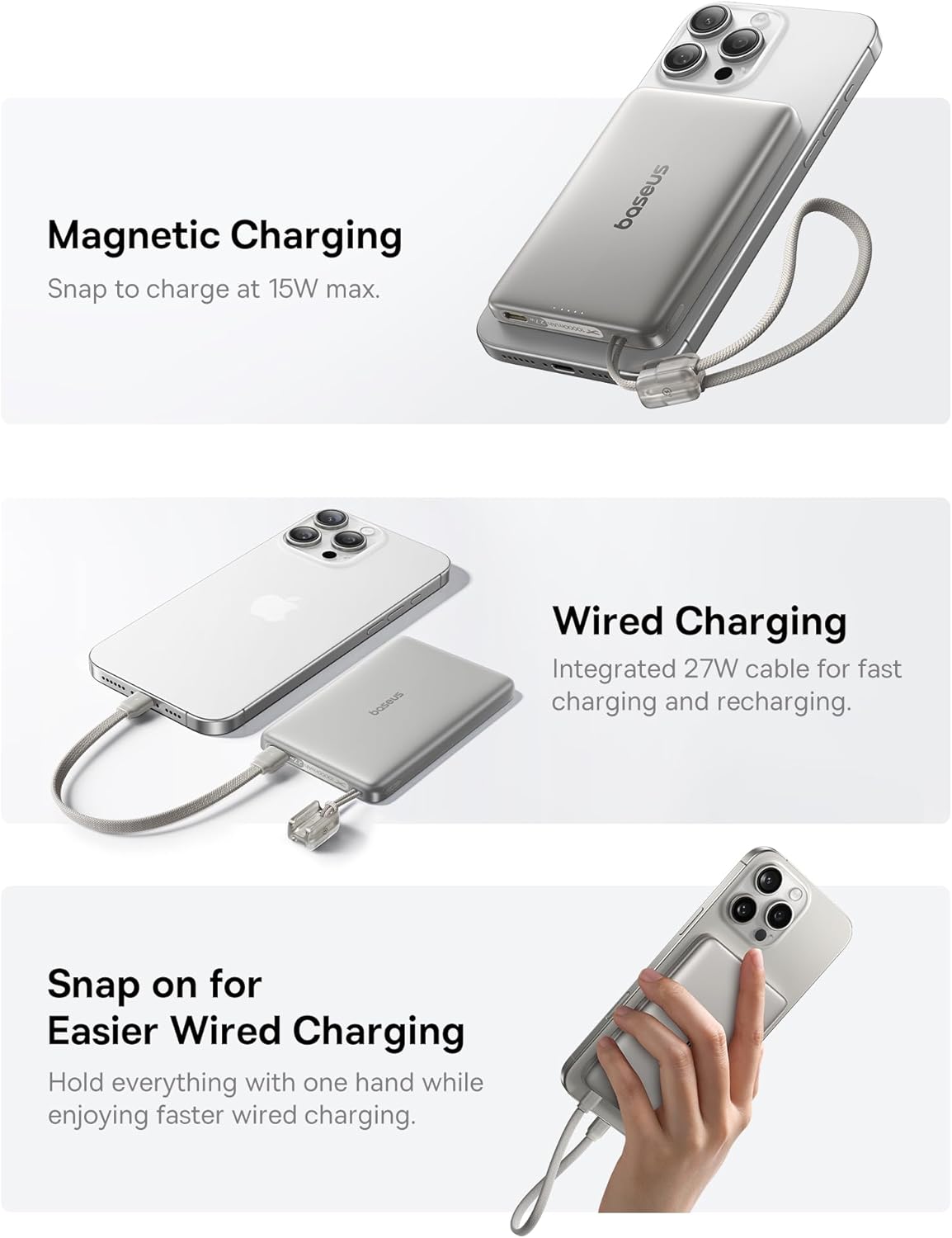Baseus Picogo Qi2 15W Magsafe Portable Charger, 0.5" Ultra Slim 10000mAh Wireless Power Bank with 27W Built-in USB-C Cable, Magnetic Battery Pack for iPhone 17 Pro Max/17 Pro/Air/16/15/14/13/12