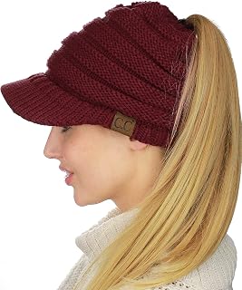 C.C BeanieTail Warm Knit Messy High Bun Ponytail Visor Beanie Cap