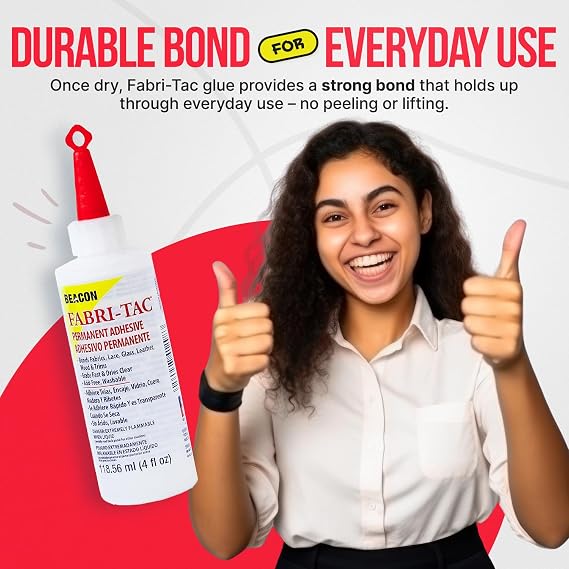 BEACON Fabri-Tac Premium Fabric Glue - Quick Drying, Crystal Clear, Permanent - for Fabrics, Canvas, Lace, Wood and More, 4-Ounce