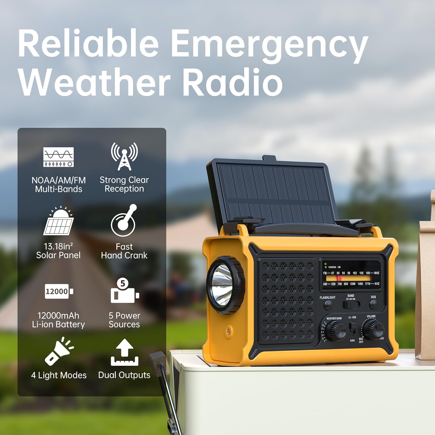 Weather Radios Portable AM FM NOAA Alert with Battery Backup 12000mAh 44400mWh, Fast Solar Power, Emergency Radio Hand Crank Flashlight, Reading Lamp SOS for Home Outdoor Camping - Image 2