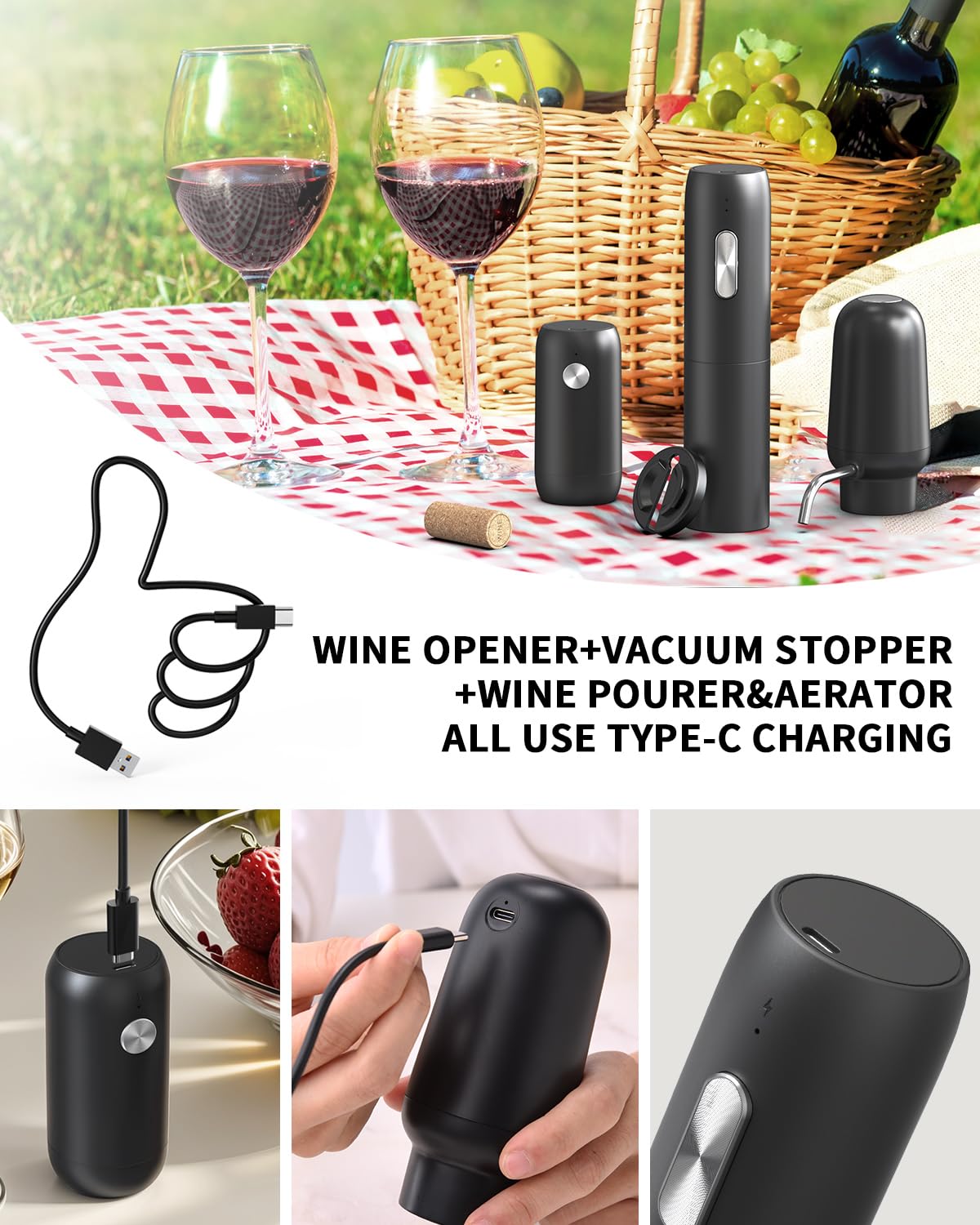 Juego de abridor eléctrico de botellas de vino recargable 5 en 1 con cortador de aluminio, abridor de vino eléctrico, aireador y vertedor de vino eléctrico 2 en 1, tapón de vino al vacío 7