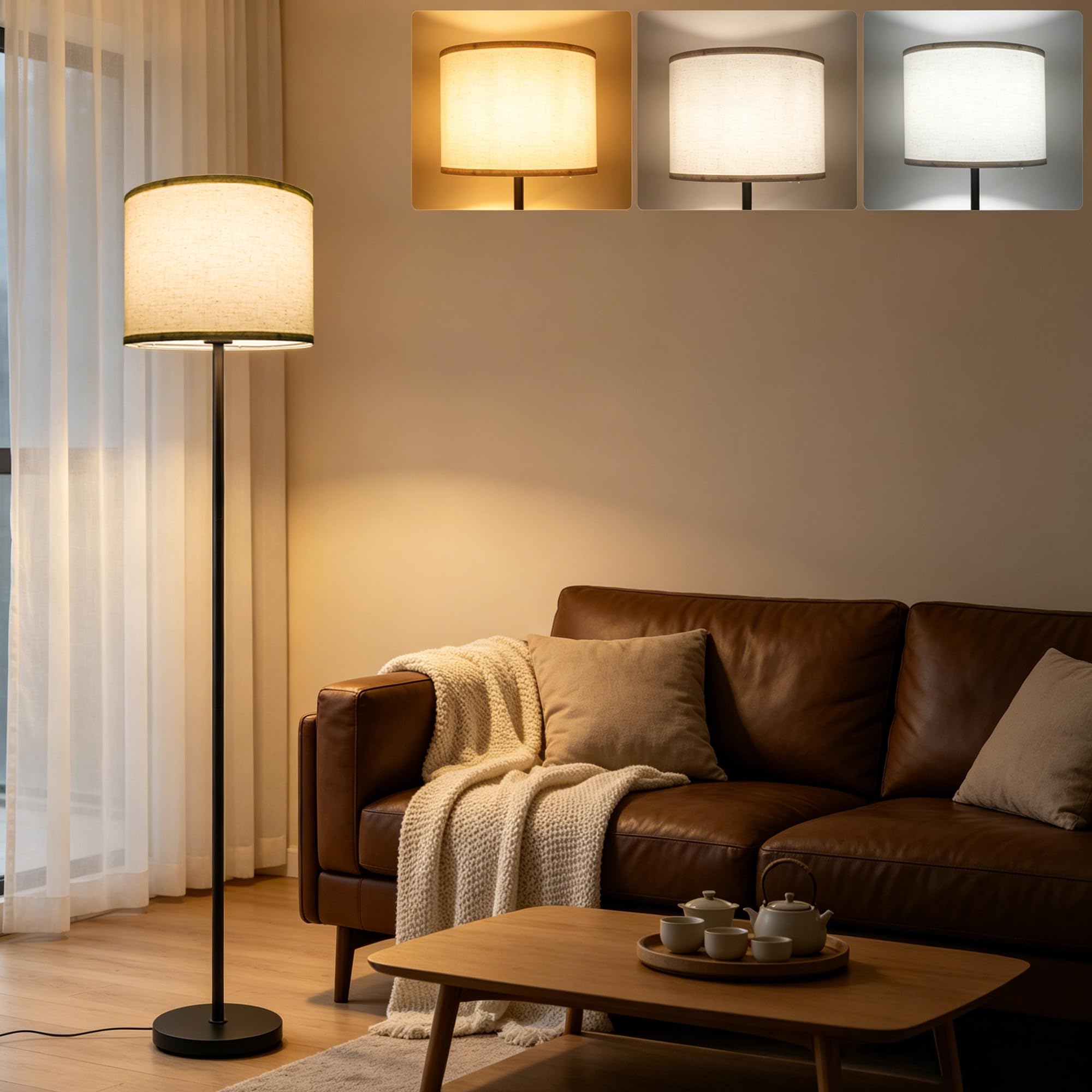 Lamparas de Pie Salon Modernas, Candeeiro de pé con Pantalla de Lino Beige, Pantalla de Tela, Casquillo E27, 160cm Lámpara Negra para Dormitorio, Salón, Oficina