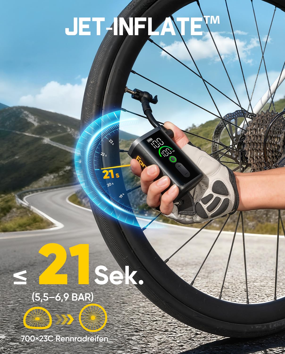 Fanttik X11 Ace Mini Fahrradpumpe, 10,3 Bar Tragbar Akku Fahrradpumpe
