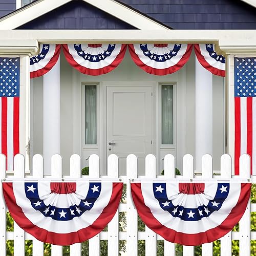 Miniatura 5 de SURCVIO Paquete de 3 banderas plisadas de Estados Unidos, 3 x 6 pies, bandera patriótica de medio abanico para decoración de 4 de julio, Día de la