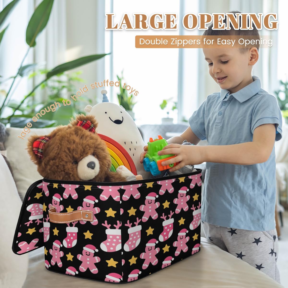 Storage Bin Set of 2 Christmas Socks Gingerbread Storage Basket with Zipper Lid & Handle Foldable Closet Shelf 2 Pack Cloth Organizer Basket Cube Bins for Bedroom, Nursery