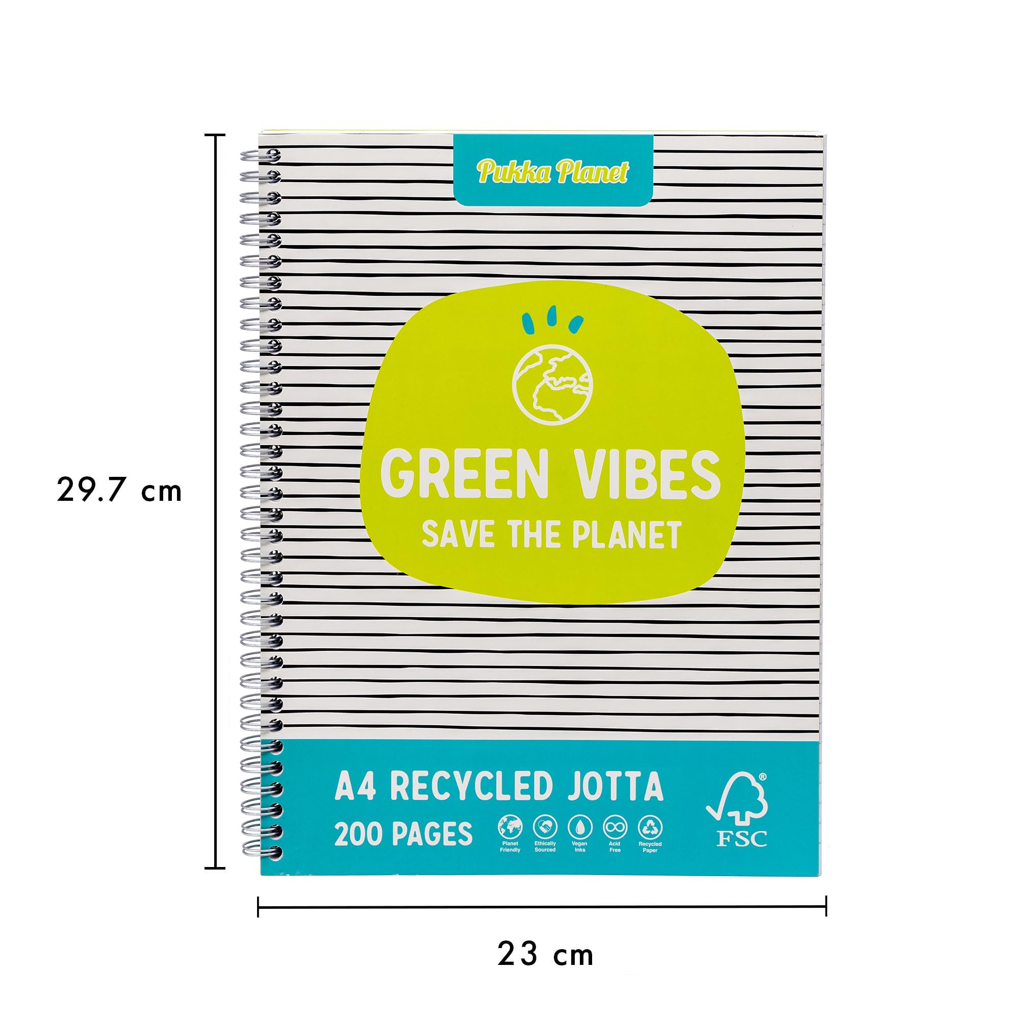 Pukka Planet Jotta - Confezione da 3 quaderni in 2 motivi assortiti con 200 pagine, 100 fogli di carta FSC a righe 80 g/m² con margini perforati a 4 fori, rilegatura a spirale argentata, completamente