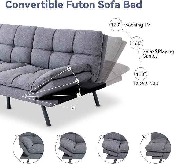 Hcore Convertible Splitback Futon Sofa Bed for Living Room, Office, Apartment - Memory Foam Sleeper Loveseat, Modern Small Couch in Grey