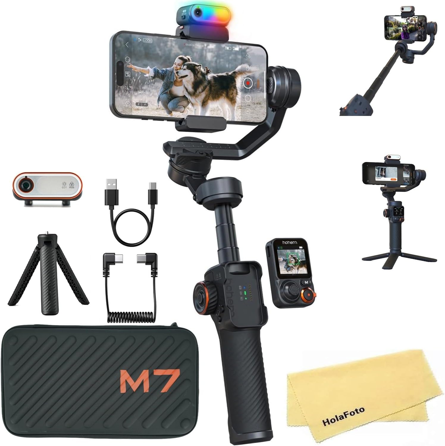 hohem iSteady M7 AI Tracking Gimbal Stabilizer for iPhone Android Smartphone,3-Axis Phone Gimbal with Fill Light and 1.4" Detachable Touchscreen Remote Control for YouTube TikTok Vlogging Travel