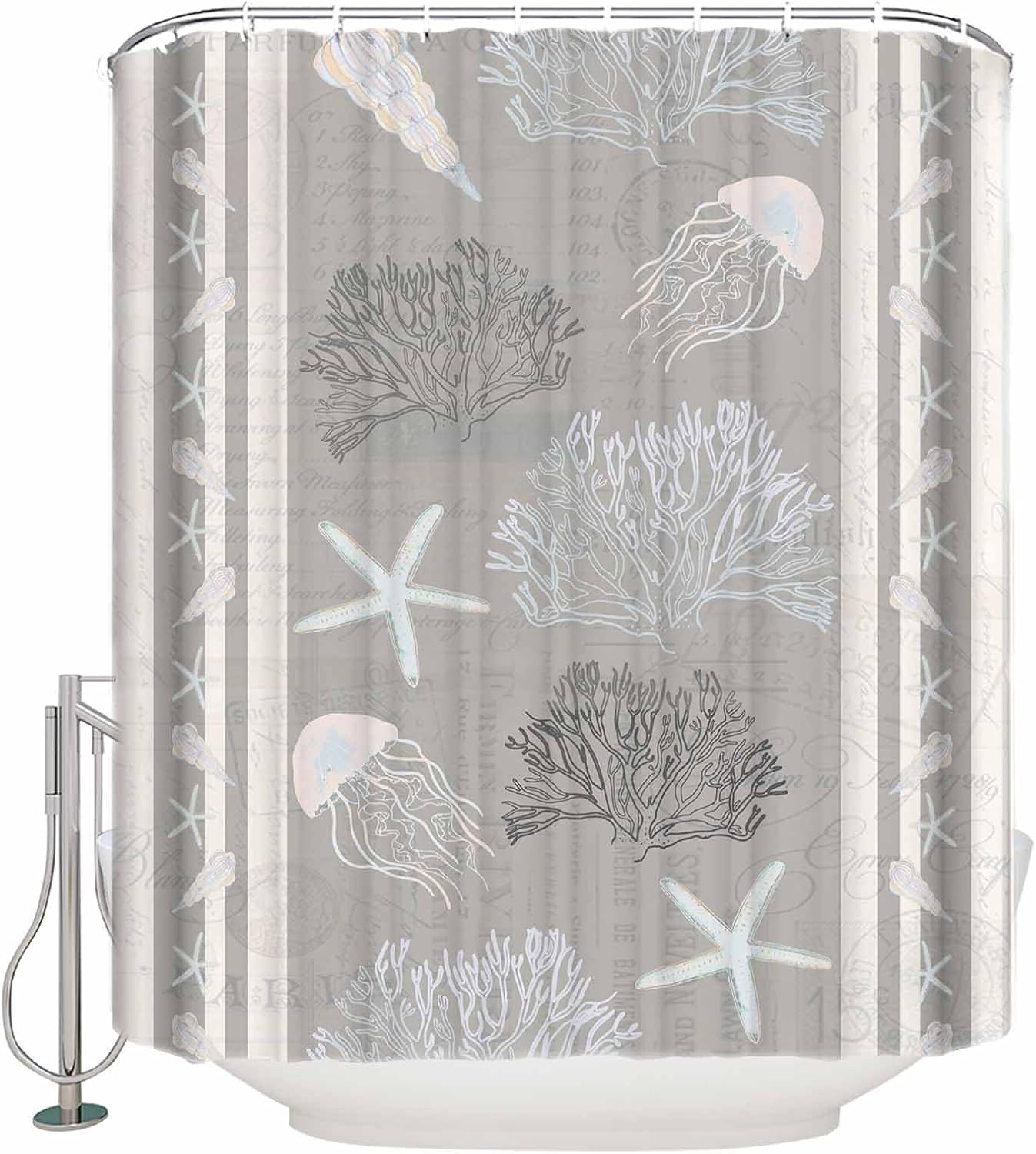 Gray Coastal Shower Curtain, Stall Shower Curtains for Bathroom/Bathtub, Nautical Beach Summer Sea Starfish Coral Waterproof Fabric Shower Curtain Set with 12 Hooks, 60" x 72"