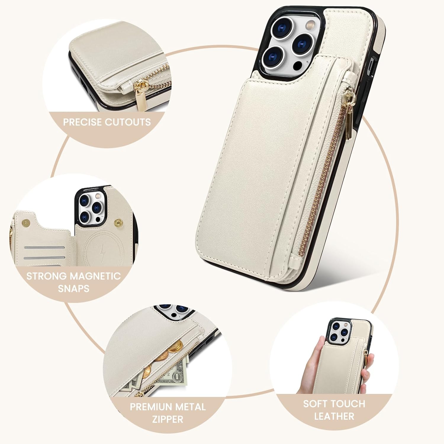 Delidigi for iPhone 15 Pro Max Case Wallet with Card Holder Compatible with MagSafe,Women Flip PU Leather Cover Zipper Pouch Wallet Case for iPhone 15 Pro Max, Support Wireless Charging Beige - Image 6