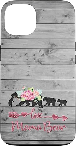 iPhone 13 Rosa Floral Negro Mama Bear tres cachorros Vintage Gris Rústico Caso