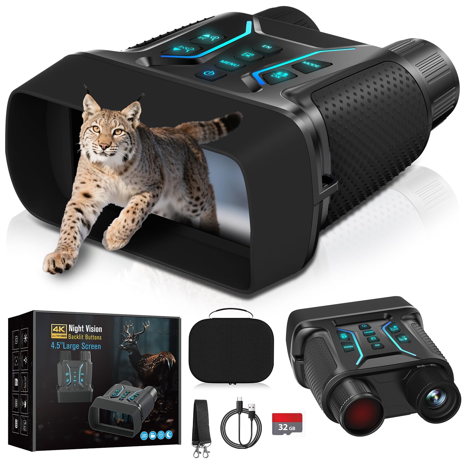 Visore Notturno 4K 36MP Binocolo Visione Notturna Zoom Digitale 8X e Scheda 32GB per Foto e Video, Display HD da 4.5" 7-Livelli Infrarossi Visore Notturno Binocolo Vista 400M per Campeggio