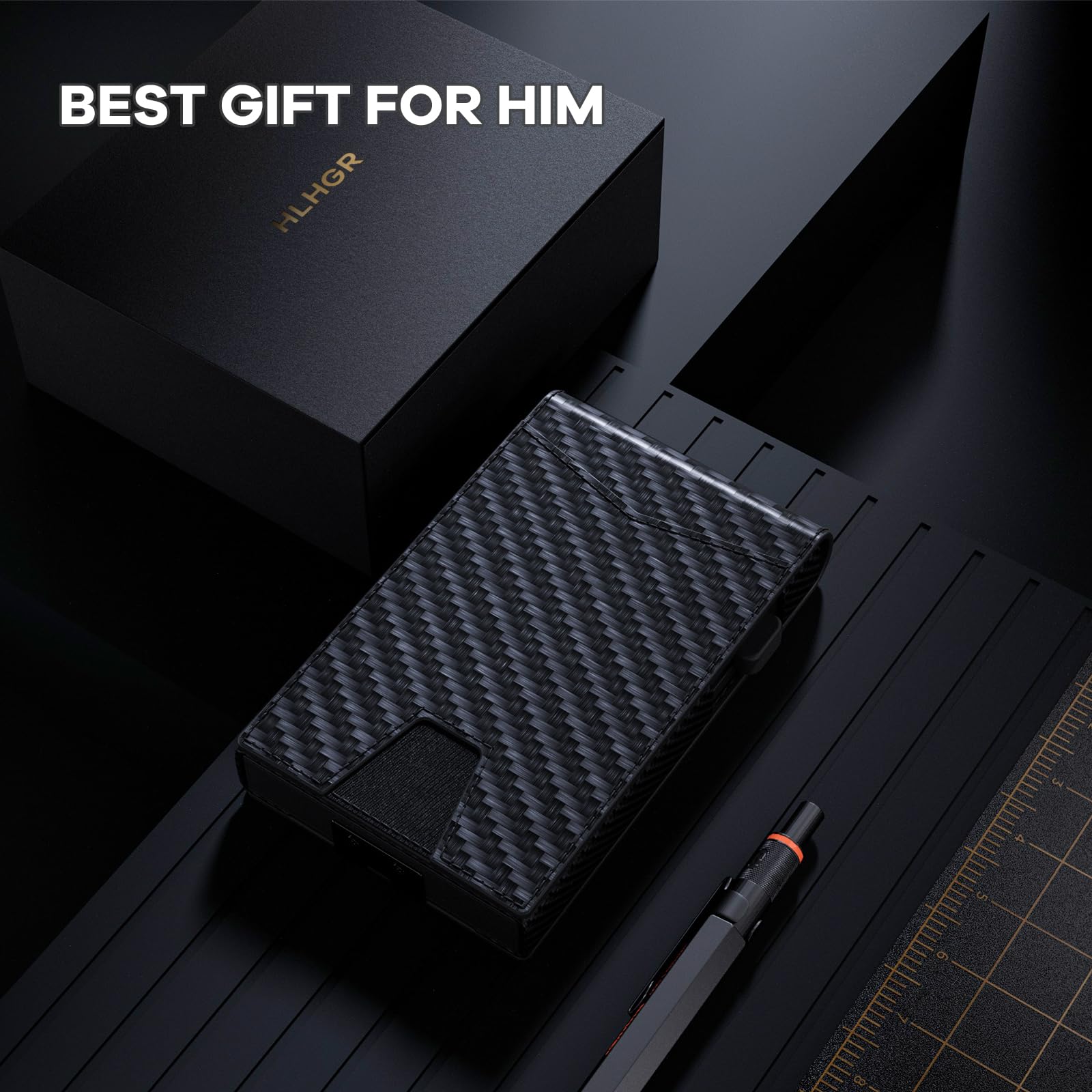 Wallet for Men, Gift Boxed Slim Minimalist Wallet for Men with Money Clip and Genuine Leather Slots RFID Blocking Pop Up Metal Aluminum Smart Wallet Card Case (Carbon Fibre Black)