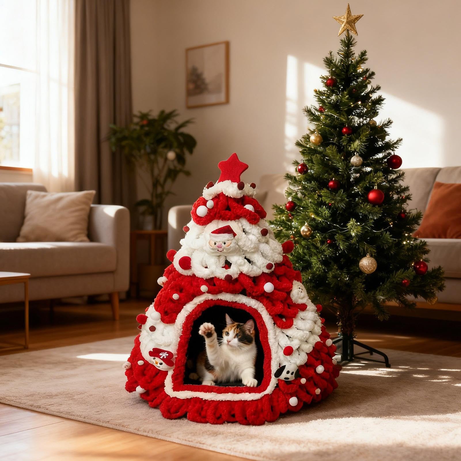 Cuccia per gatti a forma di albero di Natale, semi-chiusa, invernale, calda, a forma di albero di Natale, per gattini, piccoli animali domestici, per interni ed esterni, casa e inverno
