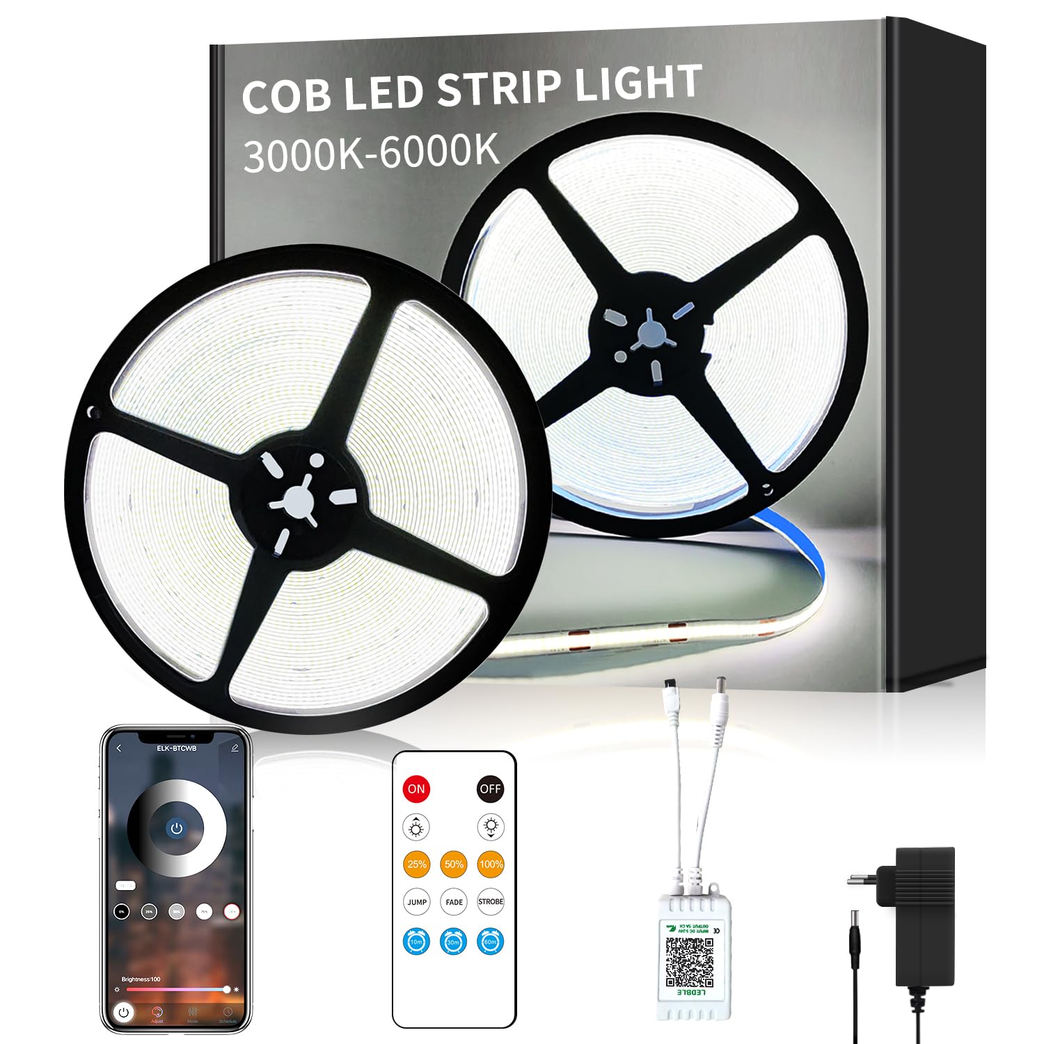 cob Led strip 15m,APP Steuerung,mit Fernbedienung,DC24V 6000k Weiß LED band,flexible Dimmbar cob LED Streifen,anwendbar auf Schlafzimmer, Raum,DIY Dekoration