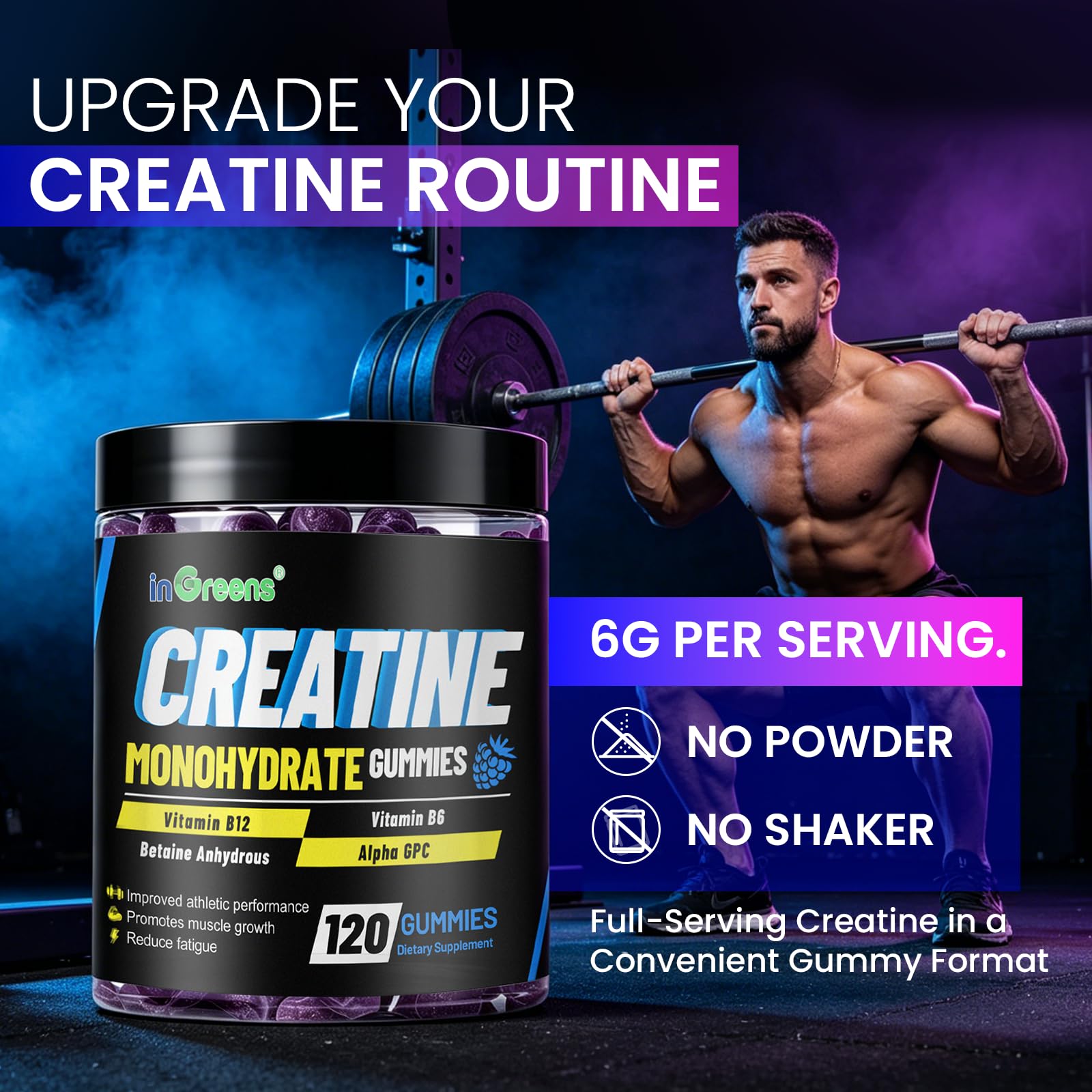inGreens 6g Creatine Gummies – High-Strength Creatine Monohydrate Chews for Men & Women – Sugar Free Workout Supplement for Muscle Support, Strength, Energy & Recovery – 120 Count — Amazon image 8
