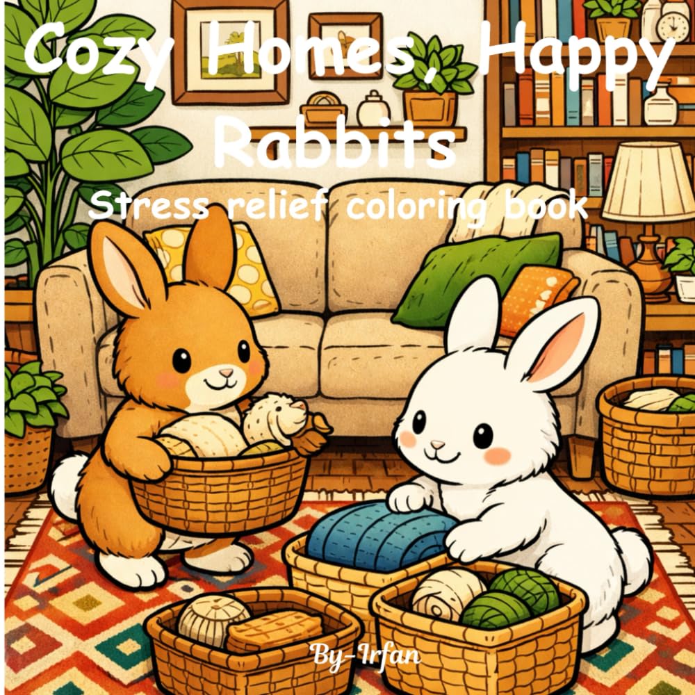 cozy homes happy rabbits adults kids coloring book: Cute Rabbits in Warm, Cozy Homes for Relaxation and Fun