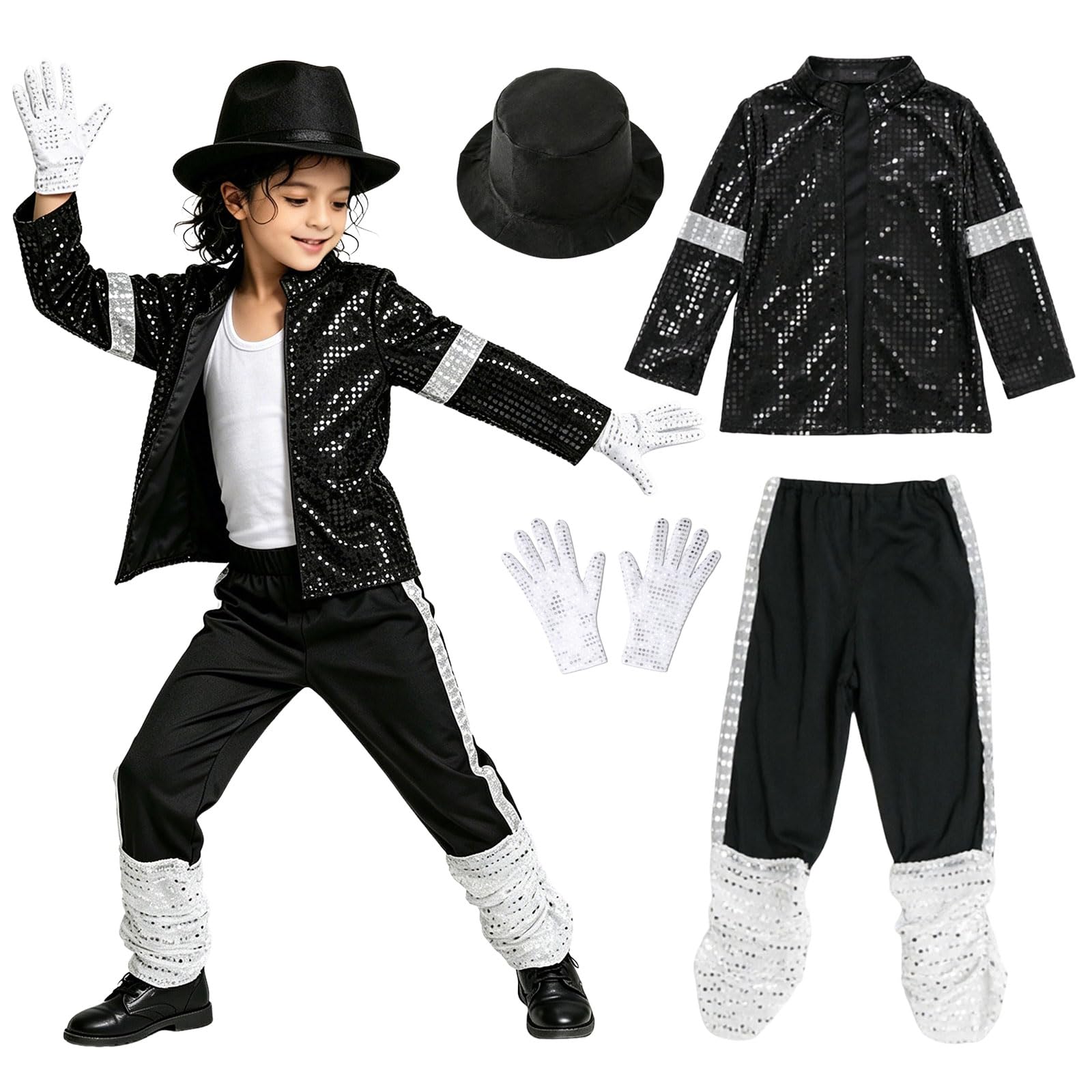Kids Retro Pop Star Costume Set Striped Jacket Shiny Gold Pants with White Hat and Necktie 80s 90s Music Icon for Halloween Party Stage Performance and Fancy Dress (10-12 Years)