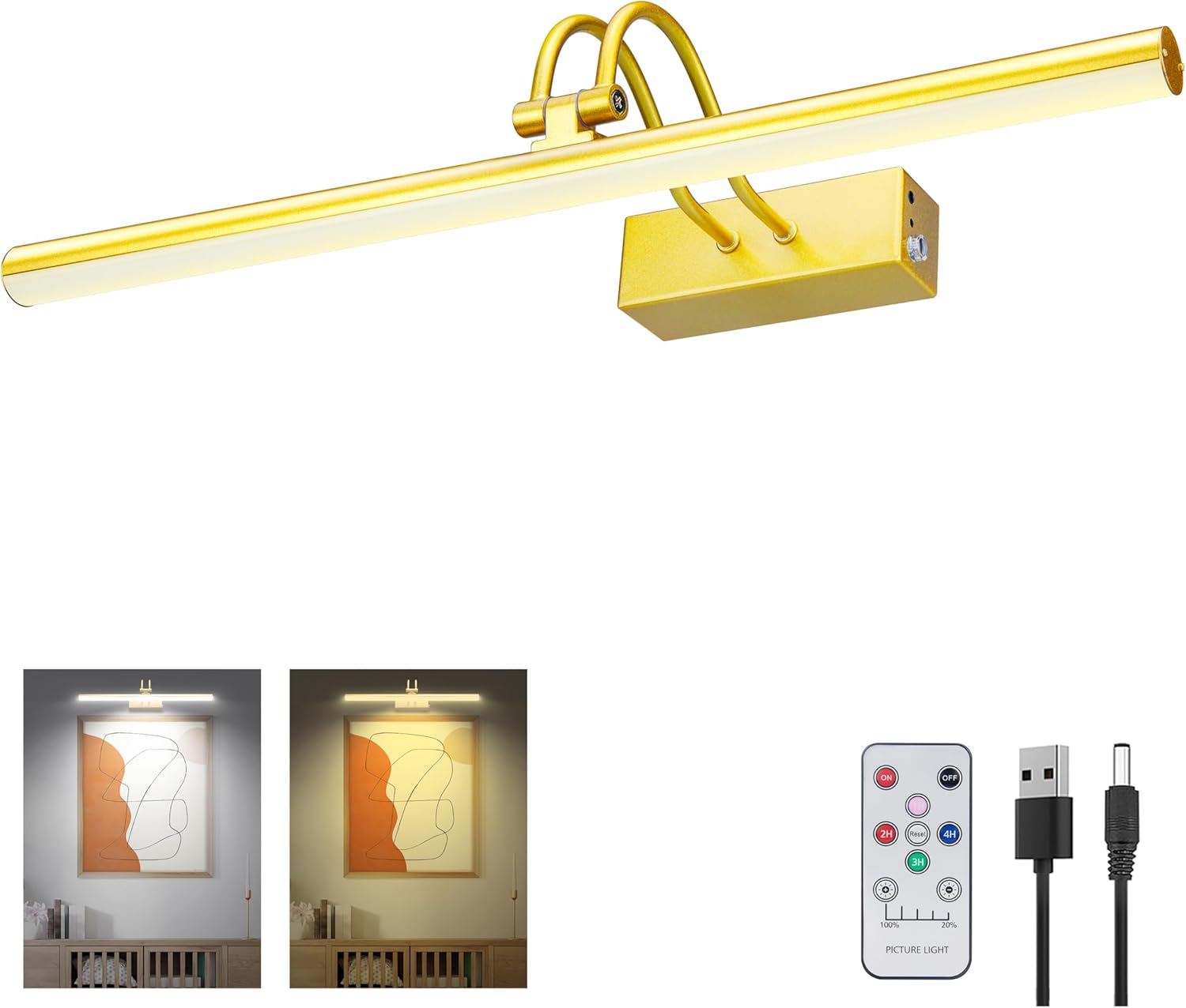 Size 20 Color Brass Picture Light,2Colors Art Lights for Paintings,20 Battery Wall Light,Remote Control Accent Lighting with Timer and Dimmable for Frame,Portrait,Artwork-Brass