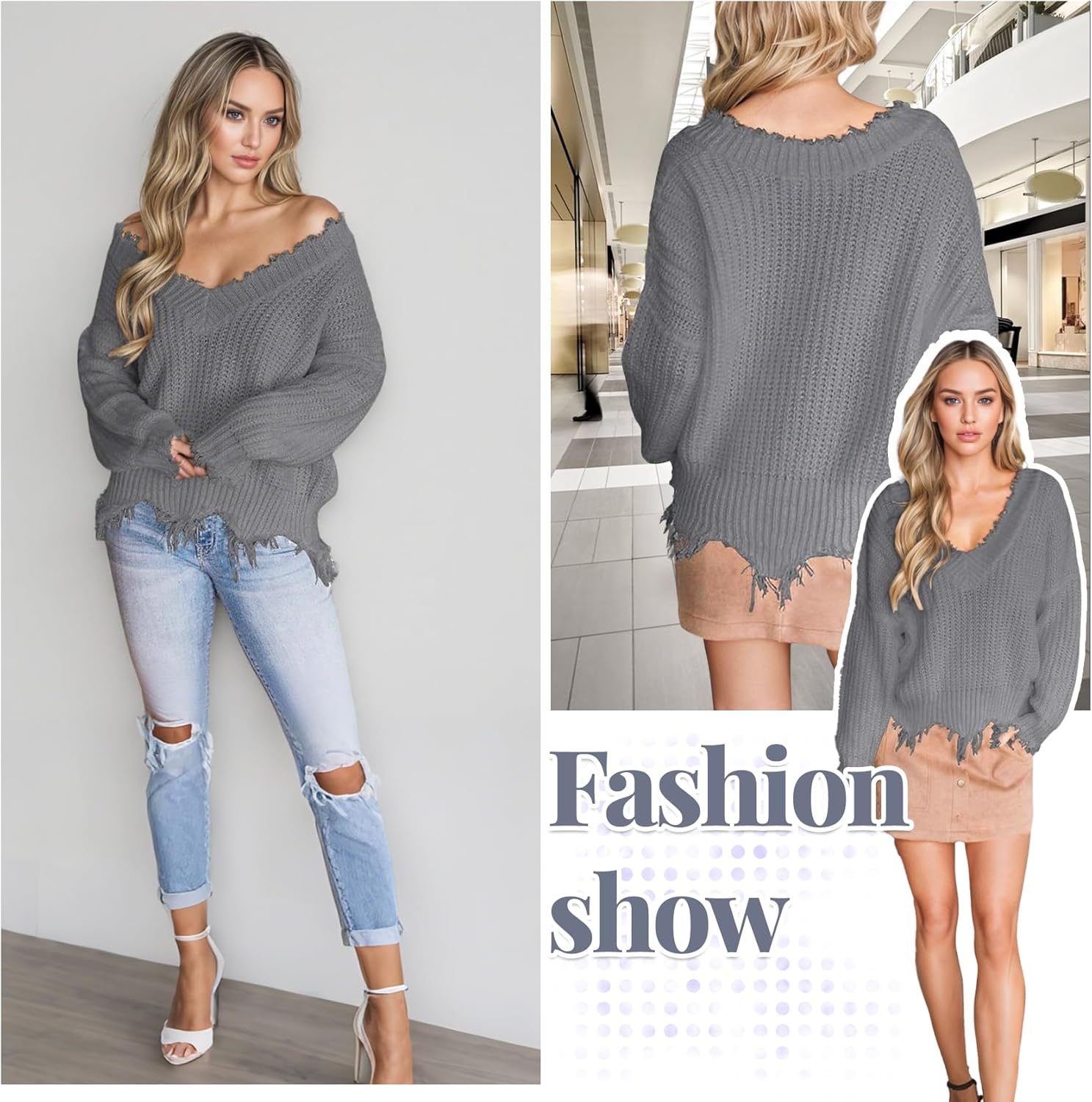 Women's Off Shoulder Sweater V Neck Pullover Distressed Hem Solid Knit Sweater 2026 Long Sleeve Crop Tops