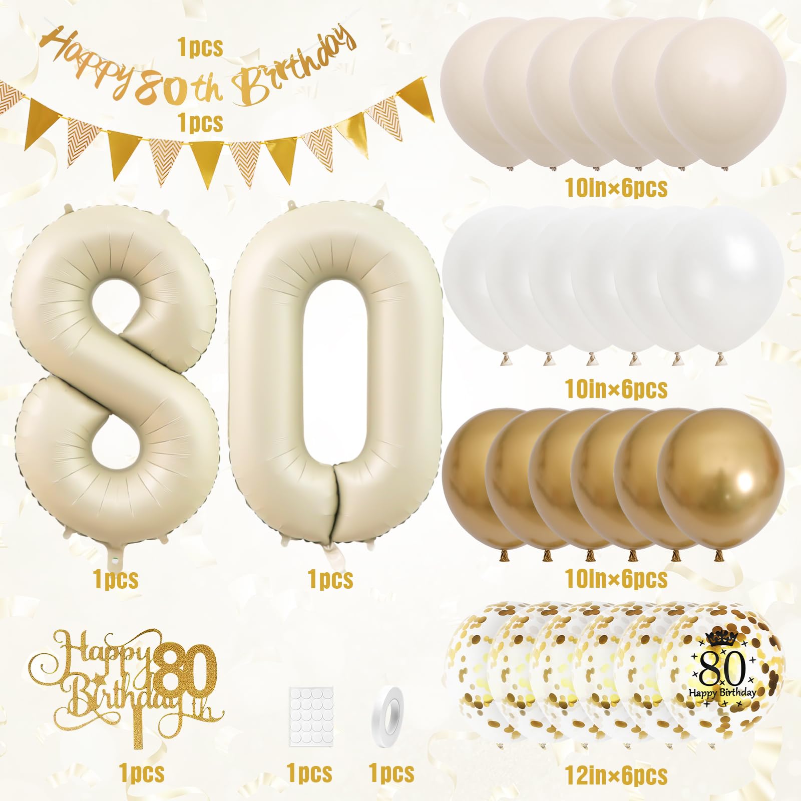 80. Geburtstag Deko Set - Luftballons, Banner, Girlande für Frauen und Männer - Beige Gold Partydekoration mit Tortendeko für 80 Jahre Jubiläum