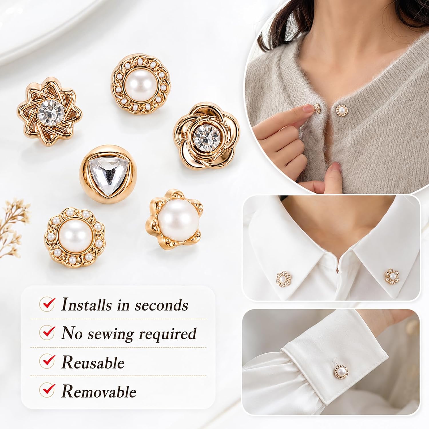 20 Pcs Women Shirt Brooch Buttons,Women's Modesty Pins No Sew Invisible Pearl Brooch Button Cover Up Lapel Pins Rhinestone & Pearl Buttons for Clothes Bag Cardigan Dress Decoration