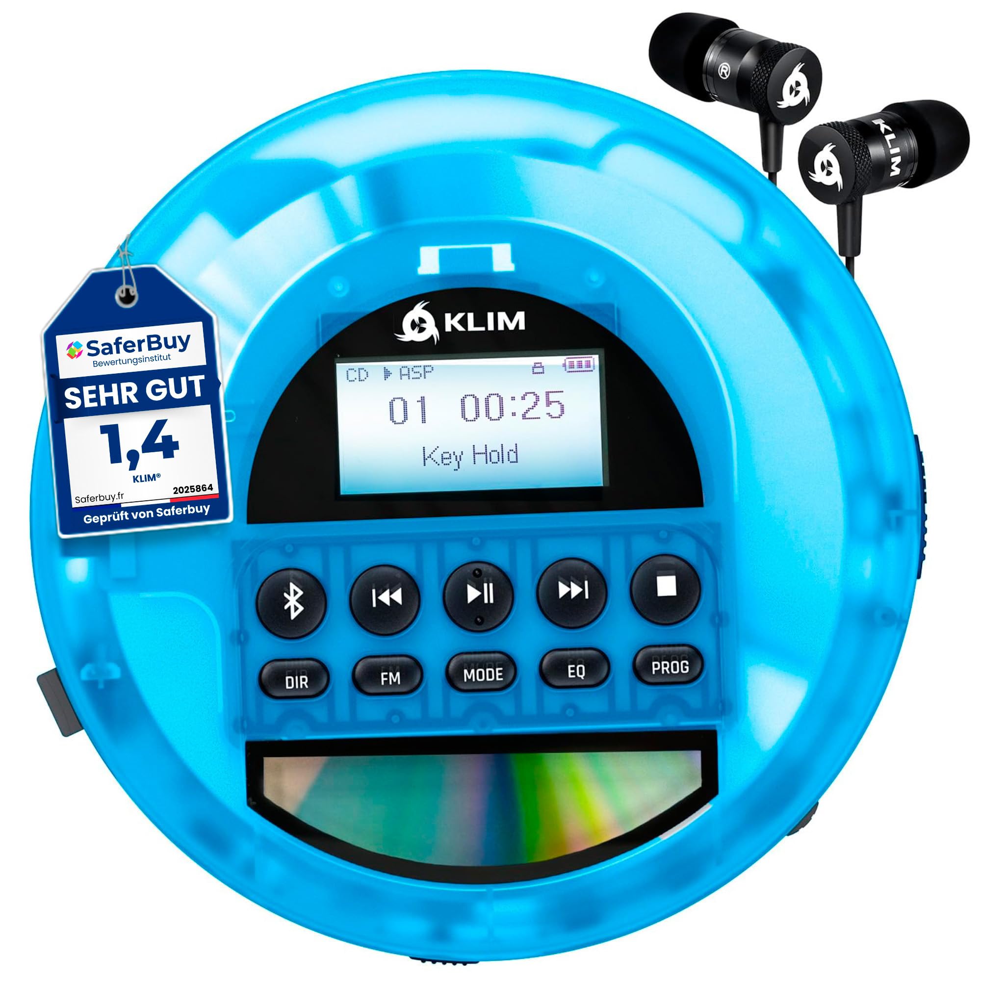KLIM Nomad Transparent Blau - tragbarer CD-Player Walkman mit ausdauerndem Akku - inklusive Kopfhörer - MP3 Player - TF-Karte, FM Radio, Bluetooth, AUX - ideal für Zuhause und Auto