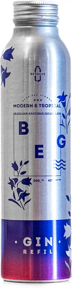 Gin BEG Modern & Tropical Refil 500ml, 40% Álcool, Azul Vibrante que Muda para Rosa, Notas Florais, Artesanal