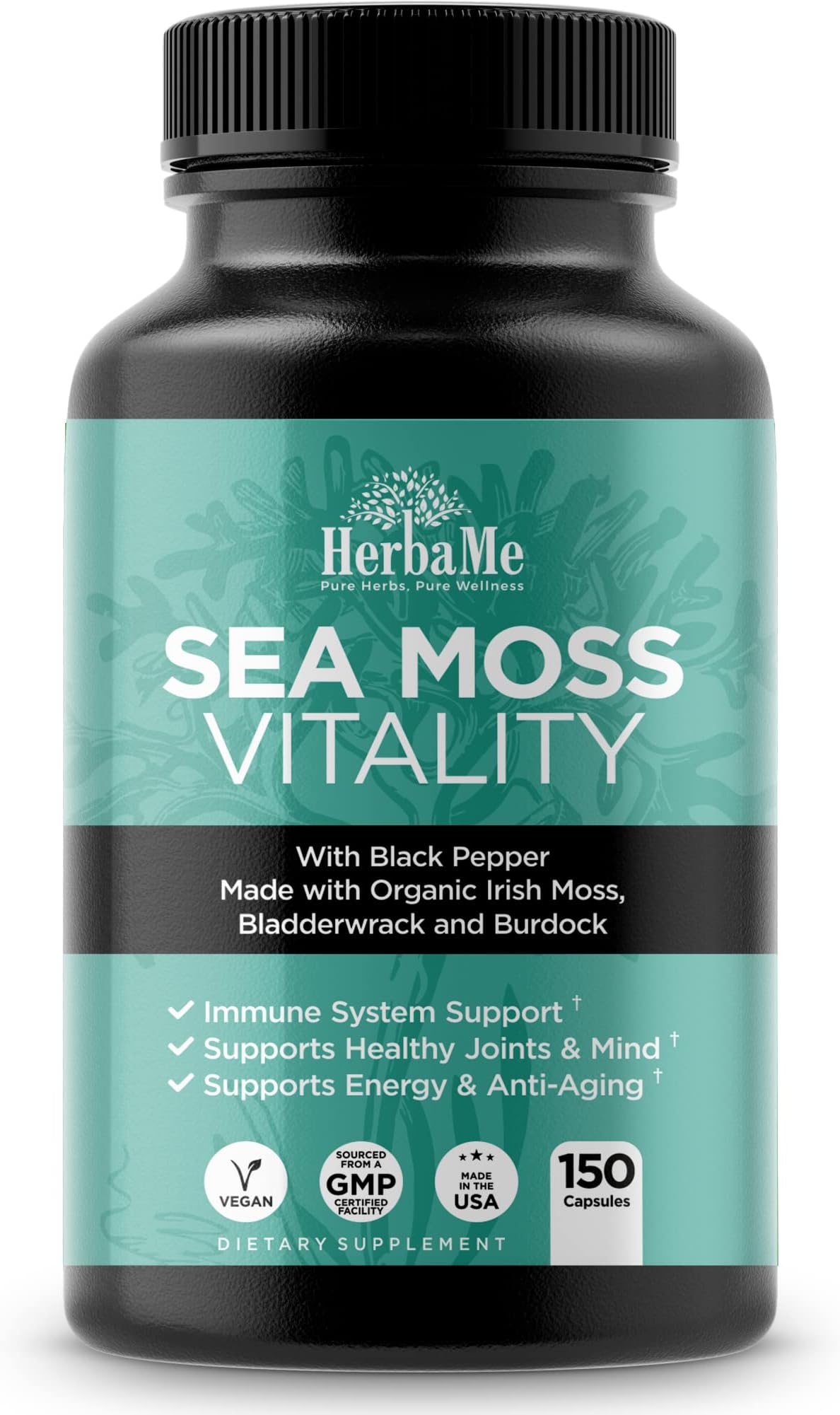 HerbaMe Organic Sea Moss Supplement with Bladderwrack & Burdock Root, Irish Moss with Black Pepper Extract, Daily Mineral Support for Energy & Wellness, Immune Support for Men & Women, 150 Capsules