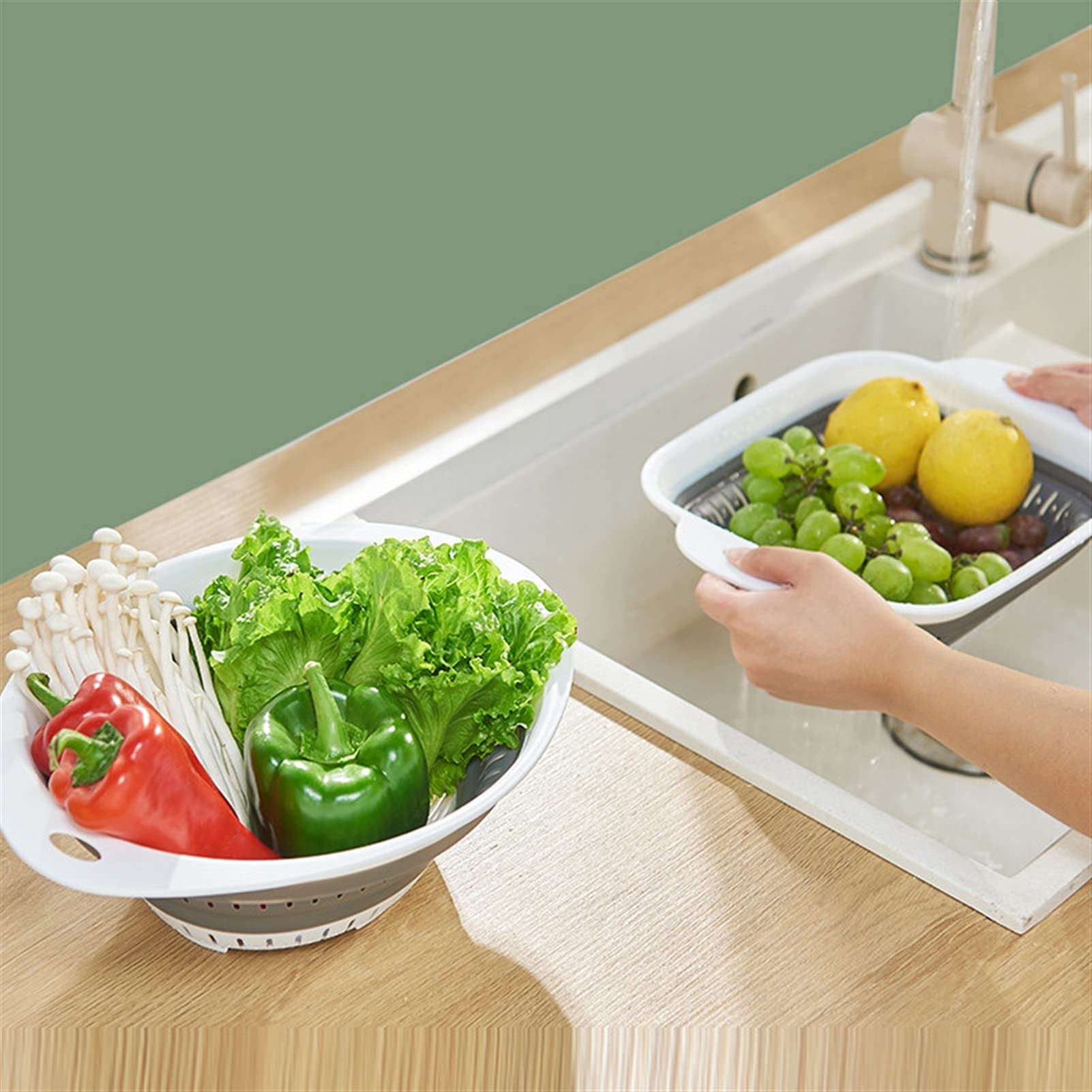 Scolapasta Cestino di Scarico Cestino Vegatable Cesto Collapasta Collapasta con Manici in plastica Pieghevole cestello per stoccaggio Gadget da Cucina (Color : Green, Size : L)