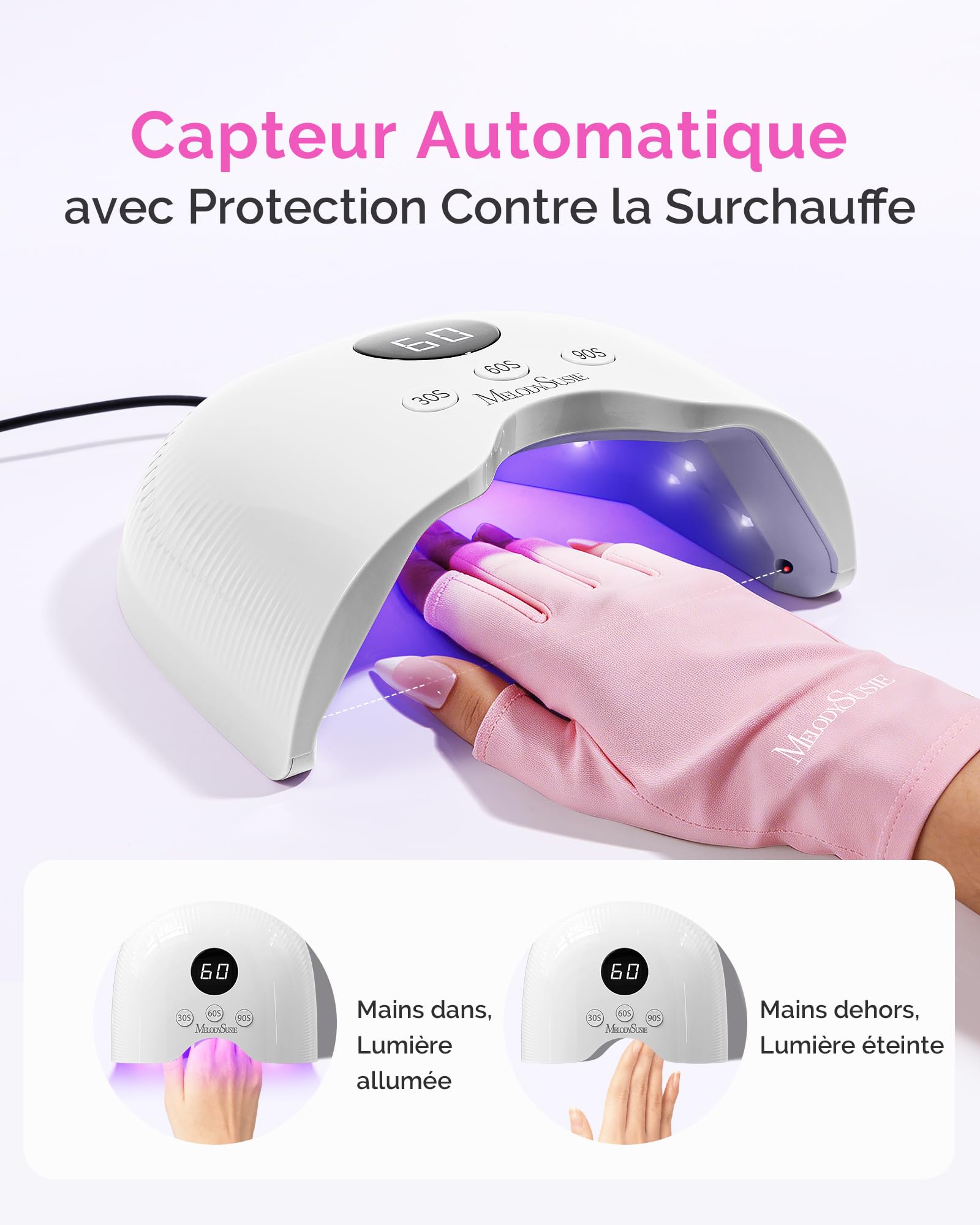 MelodySusie Lampe UV Ongles Gel avec Gants Anti-UV, P-Plus30A 24W Sèche-ongles Professionnel, 3 Minuteurs (30/60/90s), Capteur Automatique, LED Sèche-ongles pour Tous Les Vernis à Ongles UV- Blanc