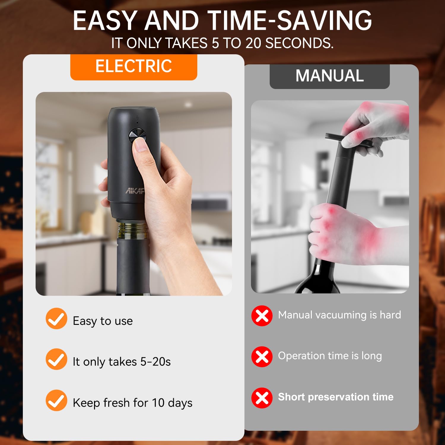 AIKARO - Pompa a vuoto elettrica per vino con 2 tappi, conservatore automatico di vino, ricaricabile