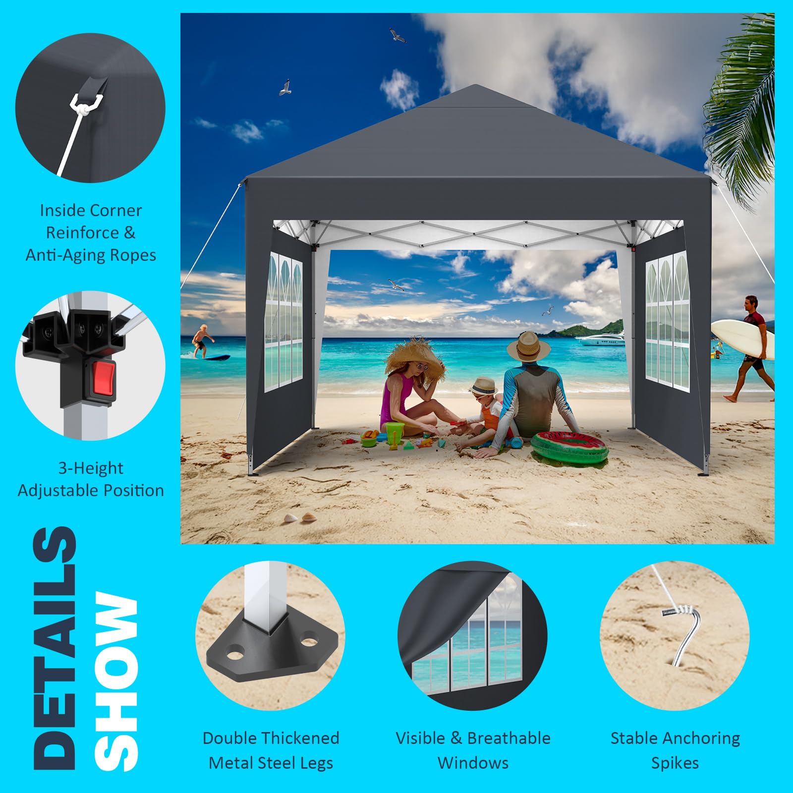 Pavillon 3x3m，Faltpavillon Wasserdicht，Winterfest，UV Schutz 50+，Stabil，Höhenverstellbar，Gartenpavillon mit 4 Seitenwänden、Tragtasche，Faltbar Partyzelt Gartenzelt für Outdoor Garten Party,Anthrazit