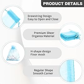 Sheer Organza Bags - 100 Pcs, Small with Drawstring, Jewelry Gift & Wedding Favor Bags, Mini Candy Bags, Lake Blue