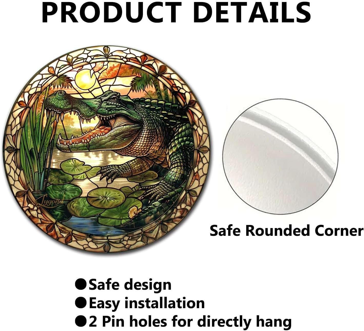 Lygond Metal Sign Tin Sign Circular Stained Glass Alligator Tin Signs for Garden for Pub 8×8 Inches image 2