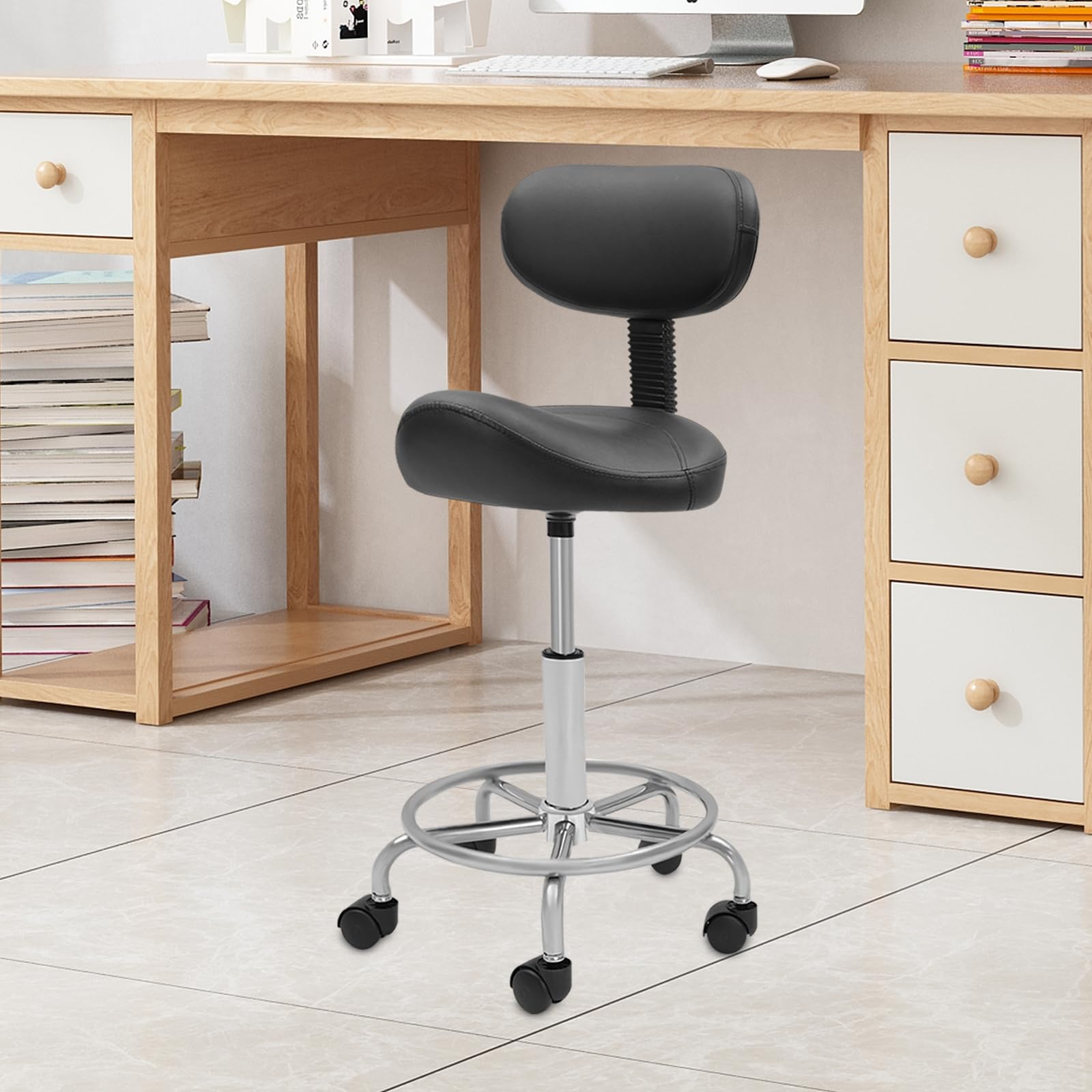 Saddle Taburete con Respaldo, Taburete Elevador para Oficina Spa, Ajustable Rolling Saddle Stool con Ruedas, Silla de Oficina Giratoria Altura Ajustable Silla Giratoria 360° (Negro)