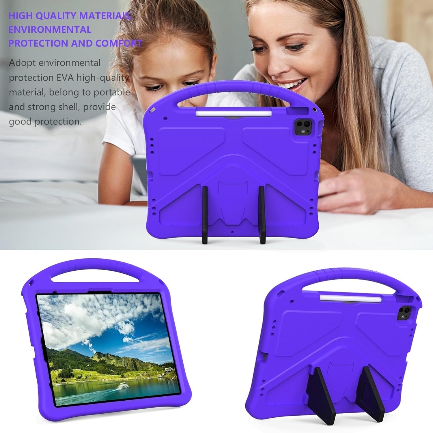 Tablet PC Bags Cases Sleeves Lightweight Shockproof Kids Friendly Cover Compatible with iPad Air 13-inch (M2) 2024,with Handle Stand Thickned Cornor Impact Protection Tablet Cover(Purple)